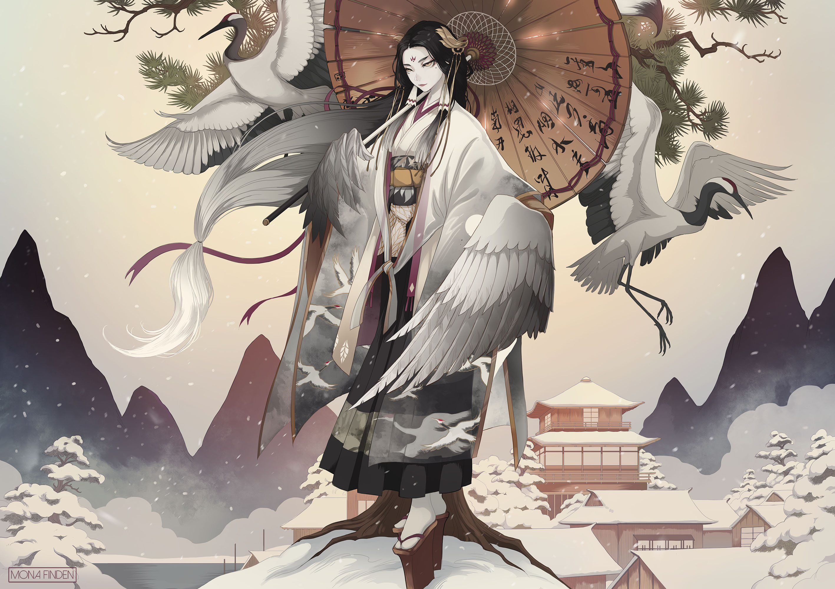 Anime Anime Girls Japanese Kimono Kimono Wings Asian Architecture Snow Winter Mountains Cranes Black 2835x2000
