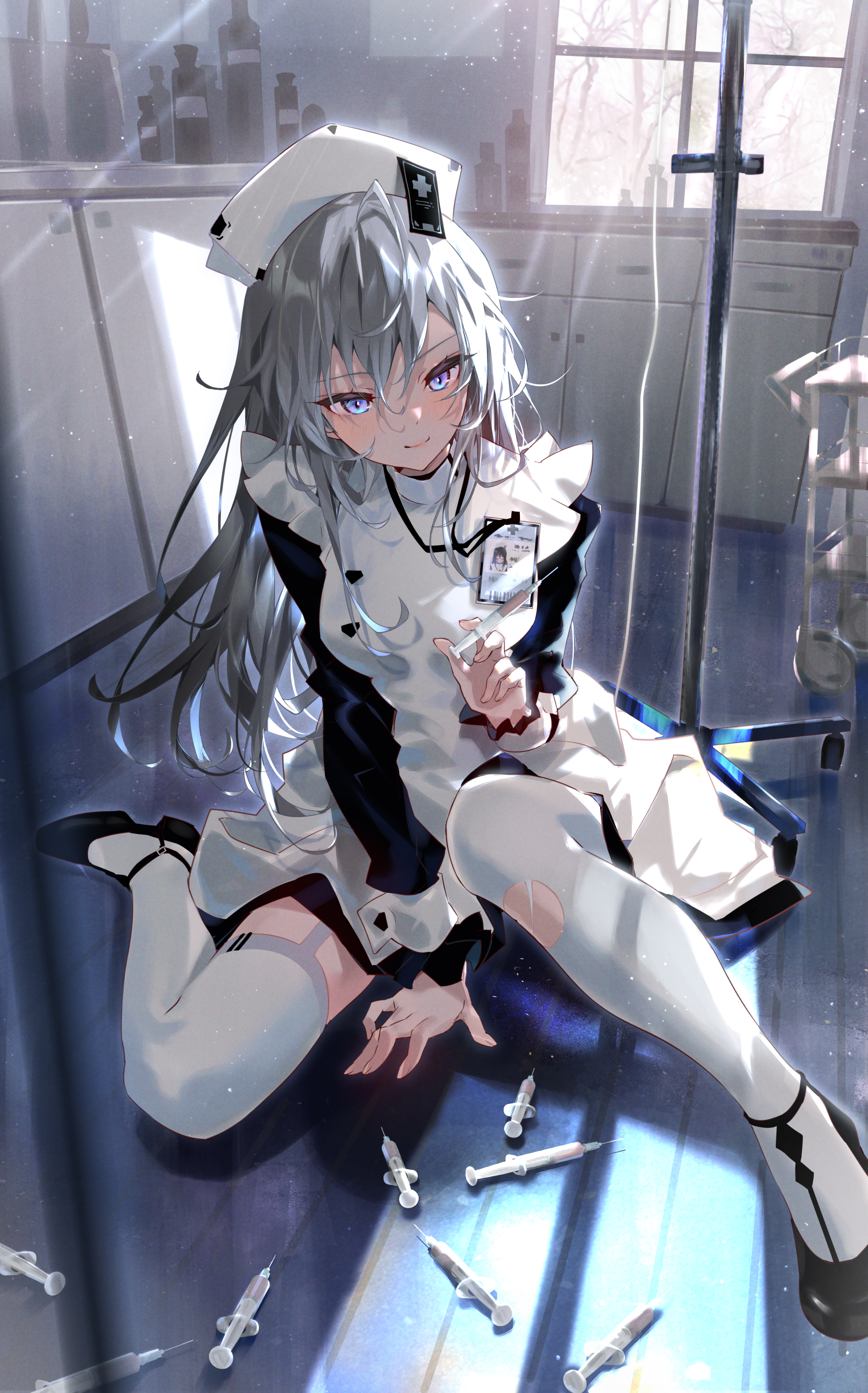 Anime Anime Girls Nurse Outfit Arutera Thigh Highs Artwork Grey Hair Blue Eyes Syringe Original Char 1808x2900