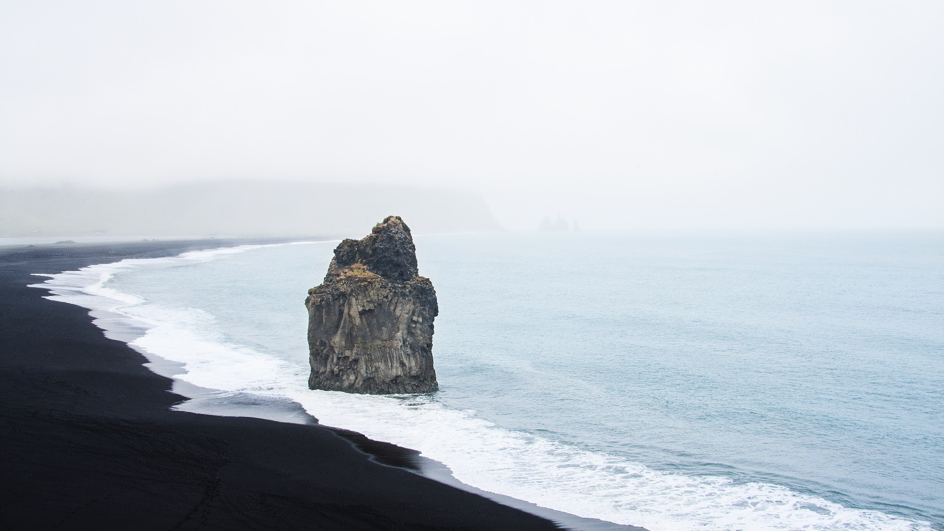 Nature Landscape Coast Beach Water Sea Rocks Island Mist Black Sand Vik Iceland 1920x1080