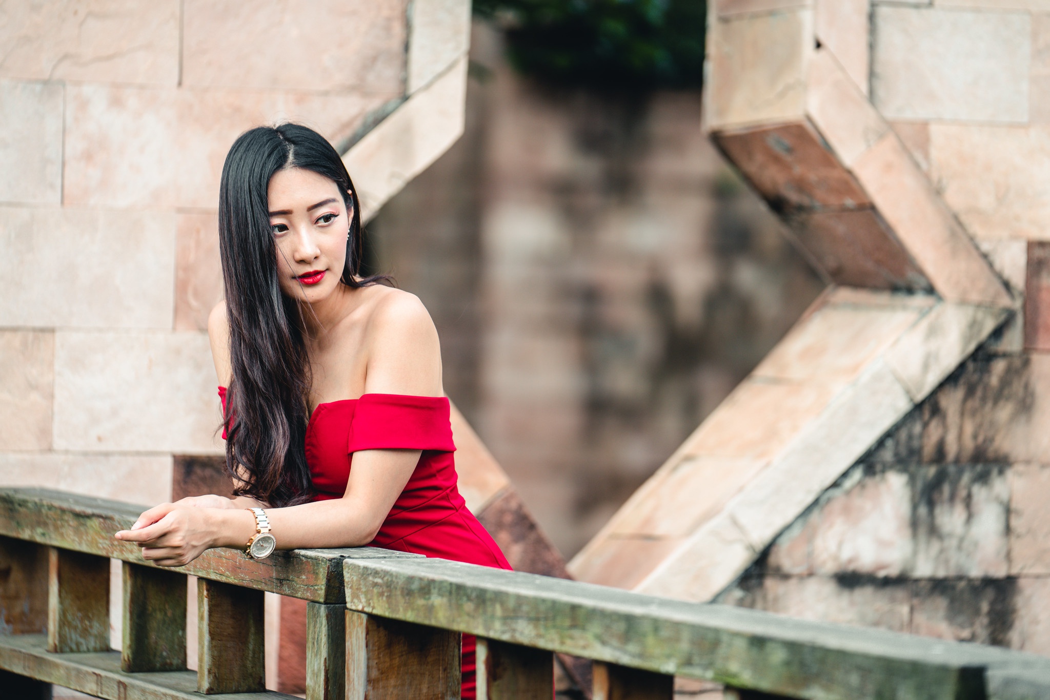 Asian Women Model Long Hair Brunette Red Dress Railing Leaning Depth Of