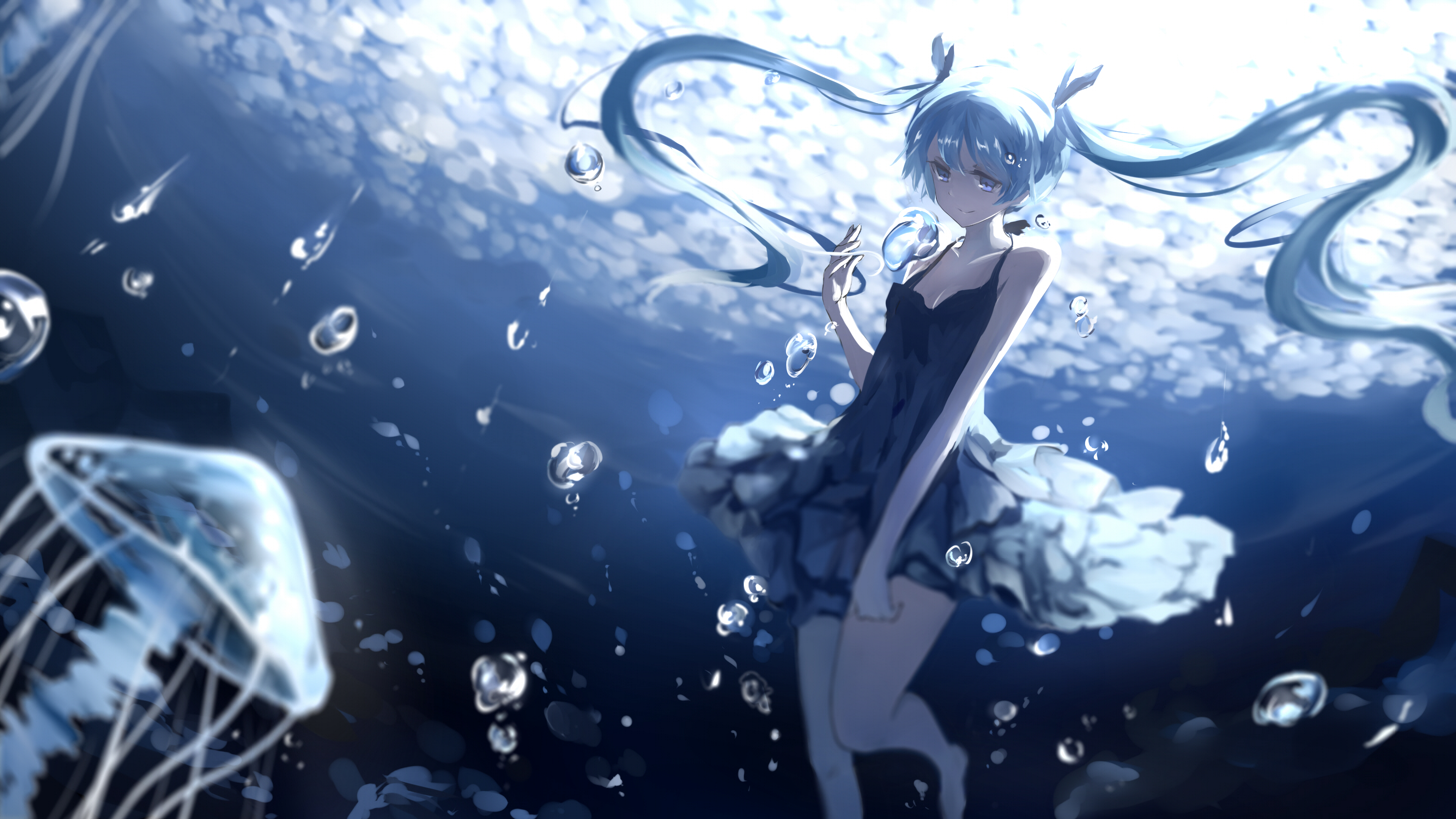 Anime Girls Anime Sea Doujinshi Hatsune Miku Pixiv Vocaloid Underwater Jellyfish Twintails 3840x2160