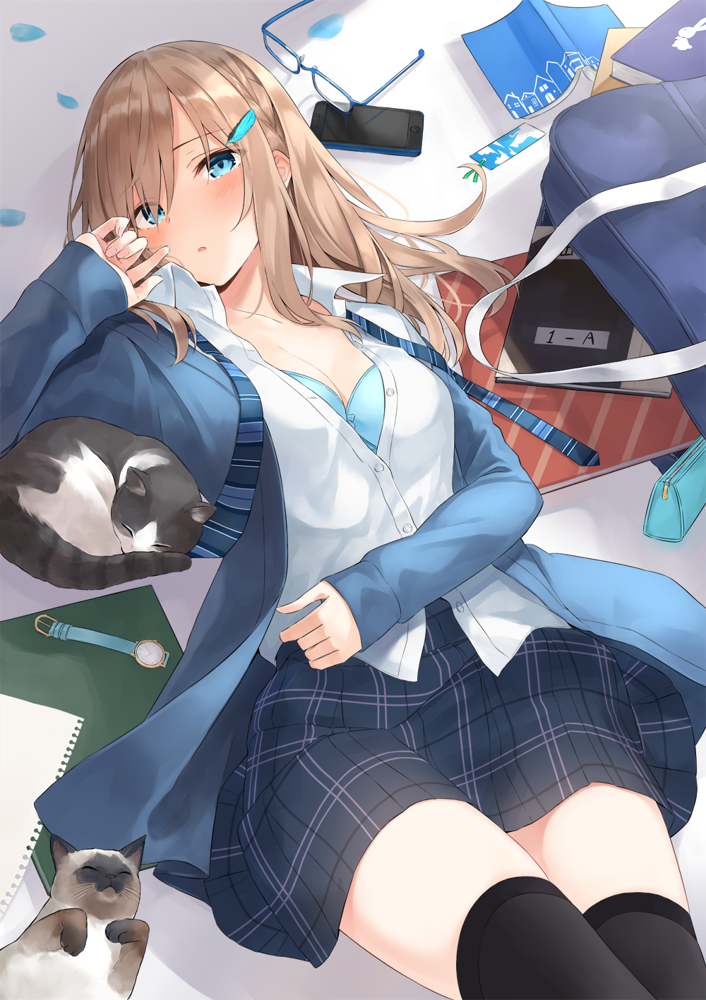 Anime Anime Girls Azuuru Original Characters Cats School Uniform Thigh Highs Blushing Brunette Blue  1000x1417