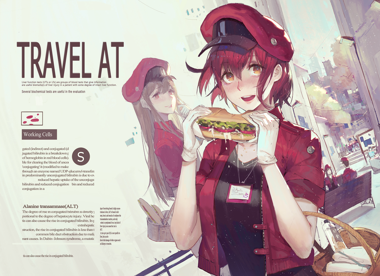 Hataraku Saibou Anime Girls Eating Red Hats White Gloves Sandwich Embarrassed Red Jackets Women Outd 1500x1088