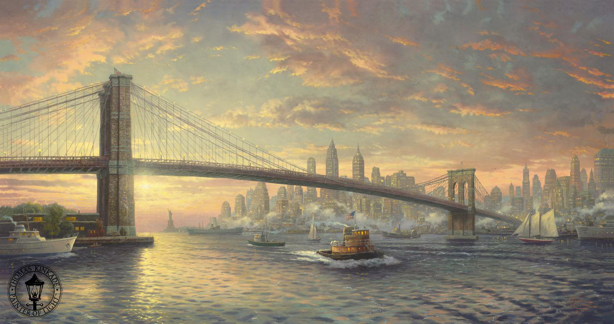 Artistic Boat Bridge Brooklyn Bridge City New York Painting Usa 2042x1080