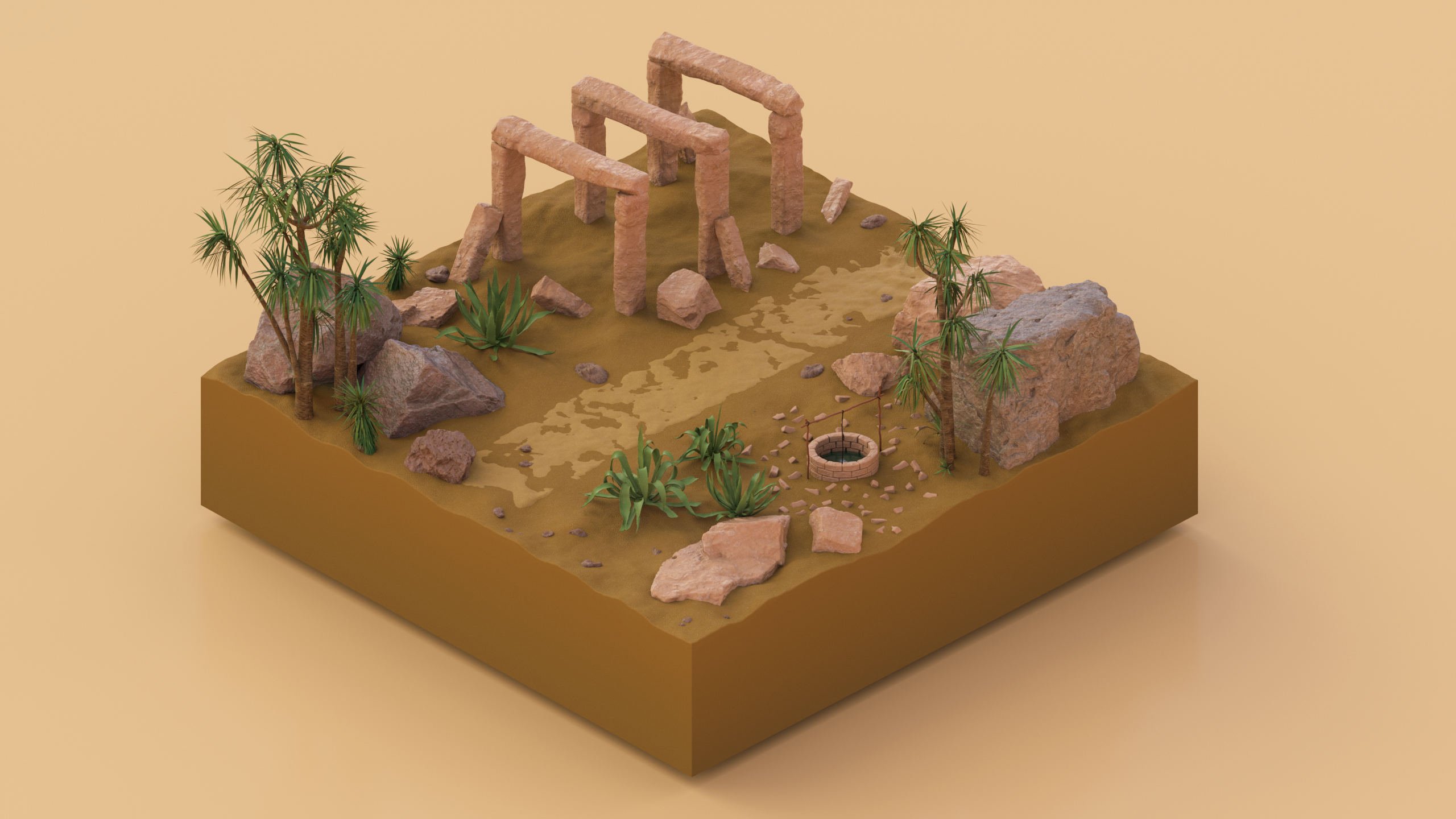 CGi Digital Art Desert Palm Trees Rocks Warm Colors Sandstone The Well Ruins Debris Leaves Yucca Iso 2560x1440