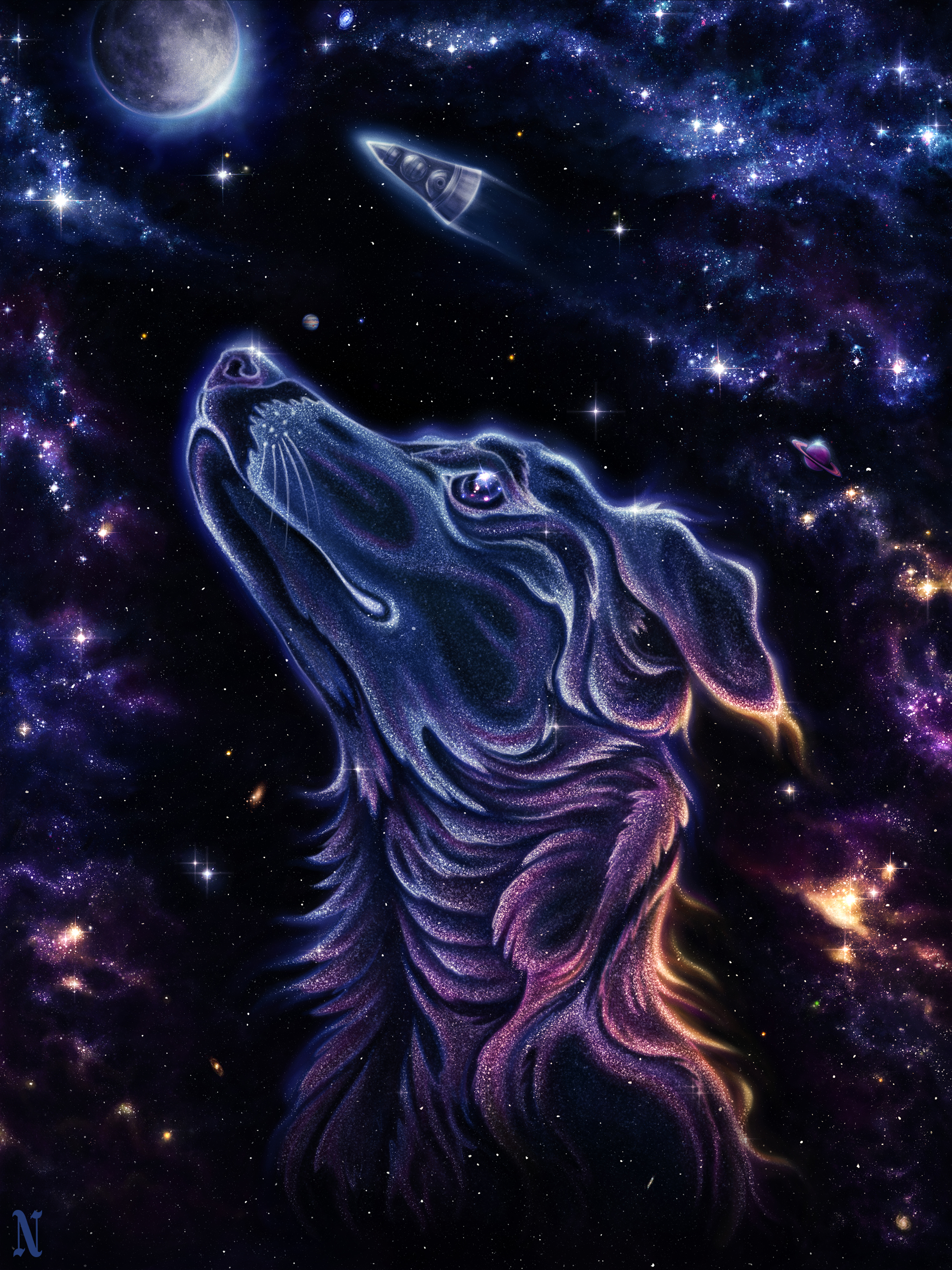 Laika Dog Animals Space Space Art Universe Sputnik Space Travel Space Shuttle Portrait Illustration 2625x3500