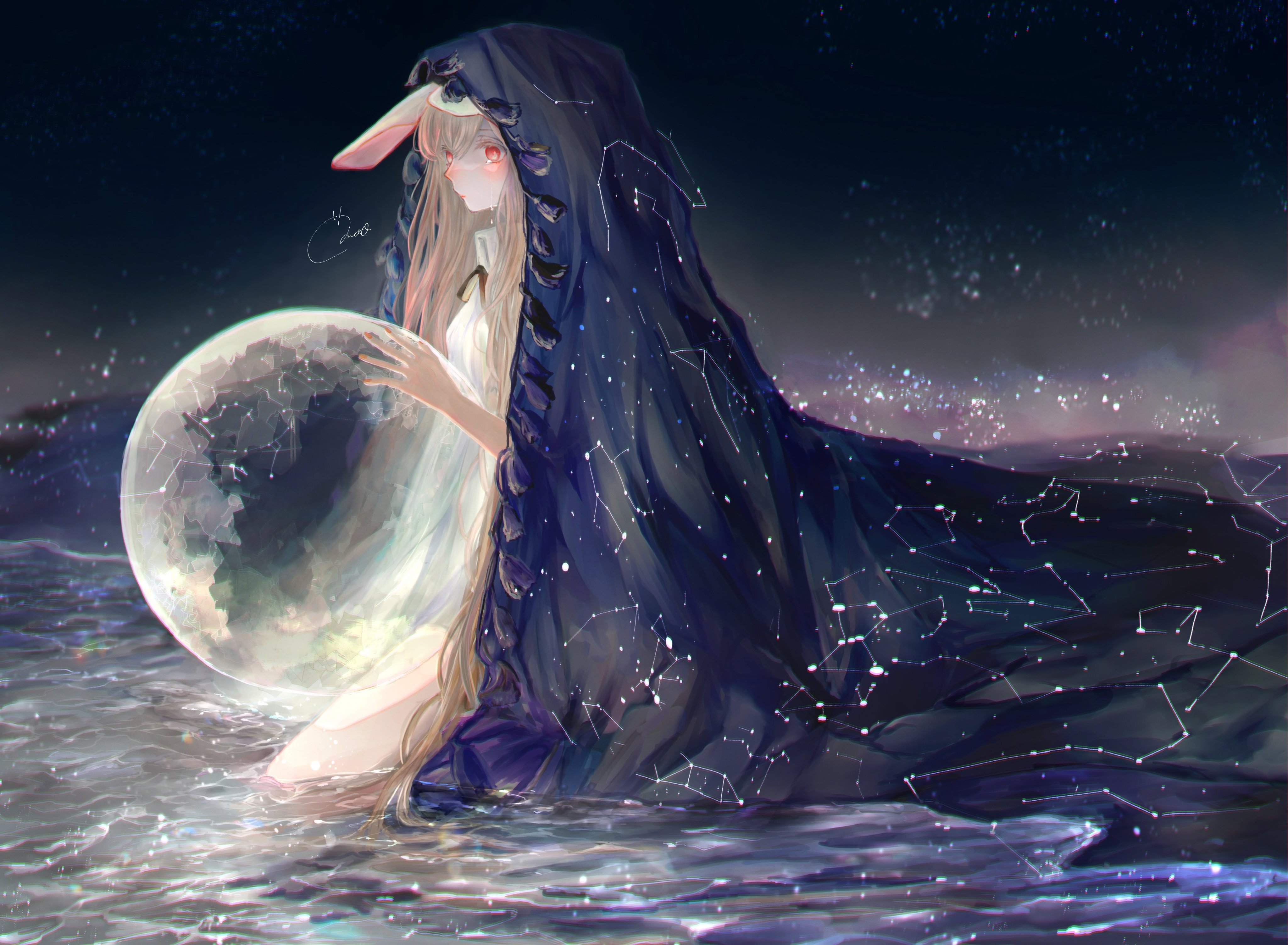 Anime Anime Girls Planet Bunny Ears Blonde Long Hair In Water Space Stars Red Eyes Cloack Fantasy Ar 4096x3005