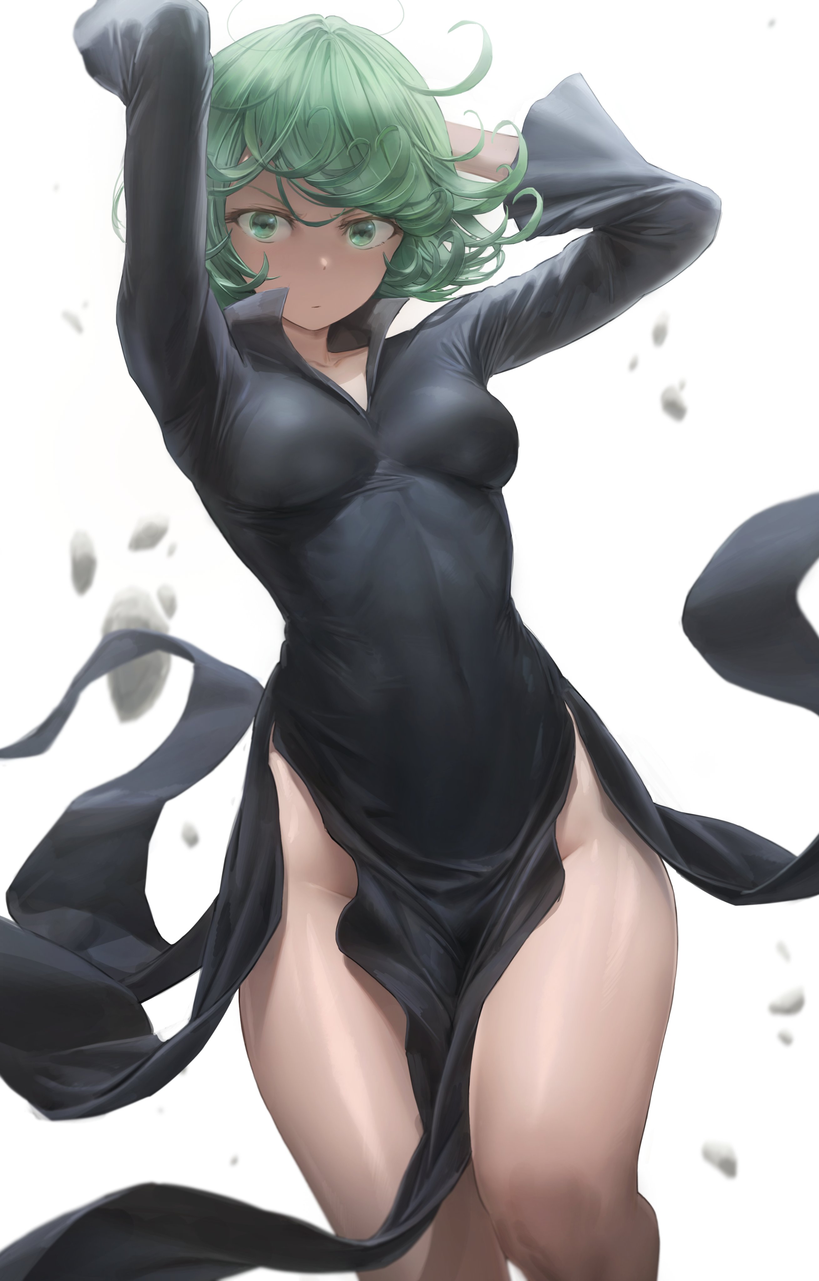 2D Artwork Tatsumaki One Punch Man Green Hair Anime Girls Arms Behind Head Wide Hips Vertical Short  2619x4096