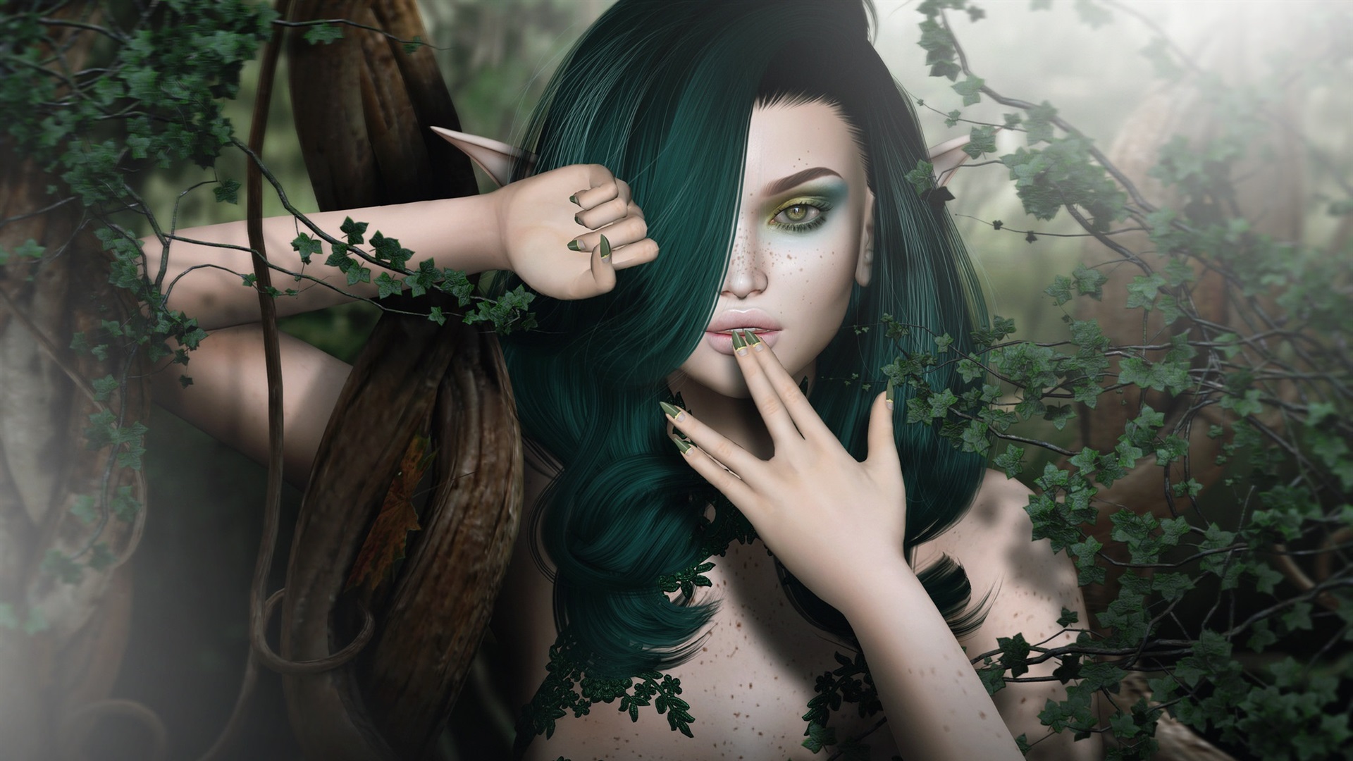 Elf Fairy Forest Girl Green Hair Woman 1920x1080