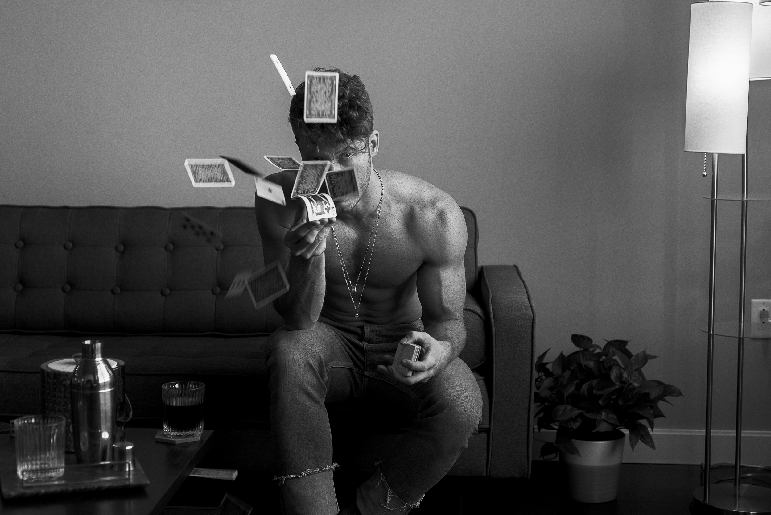 Dustin Genereux Men Monochrome Men Indoors Playing Cards Shirtless 2500x1669