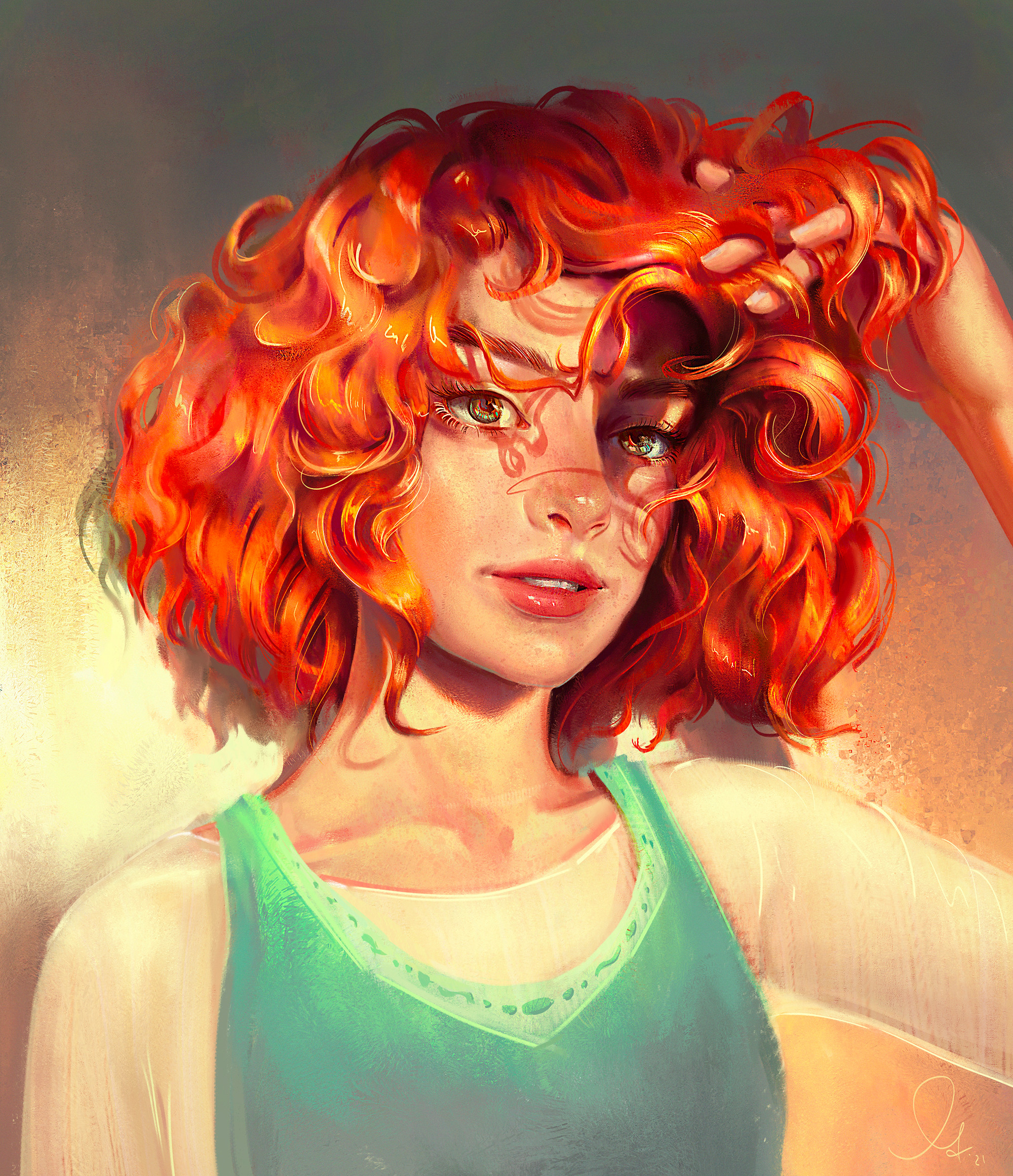 Mandy Jurgens Portrait Women Curly Hair Digital Art Redhead Drawing ArtStation 2000x2322