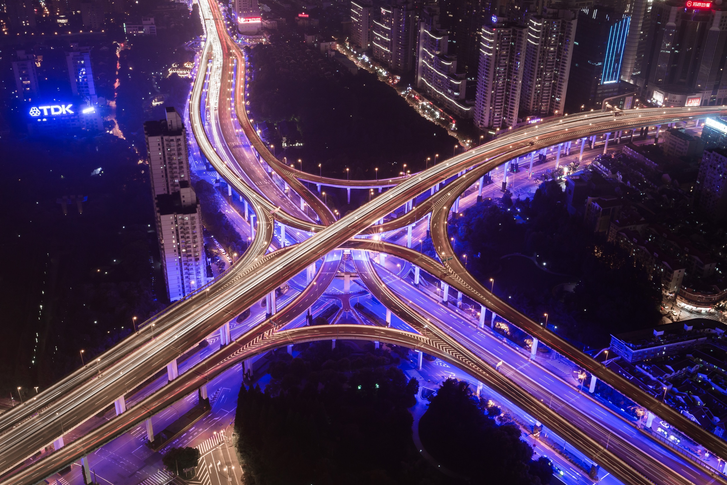 Aerial China Highway Light Night Road Shanghai 2507x1672