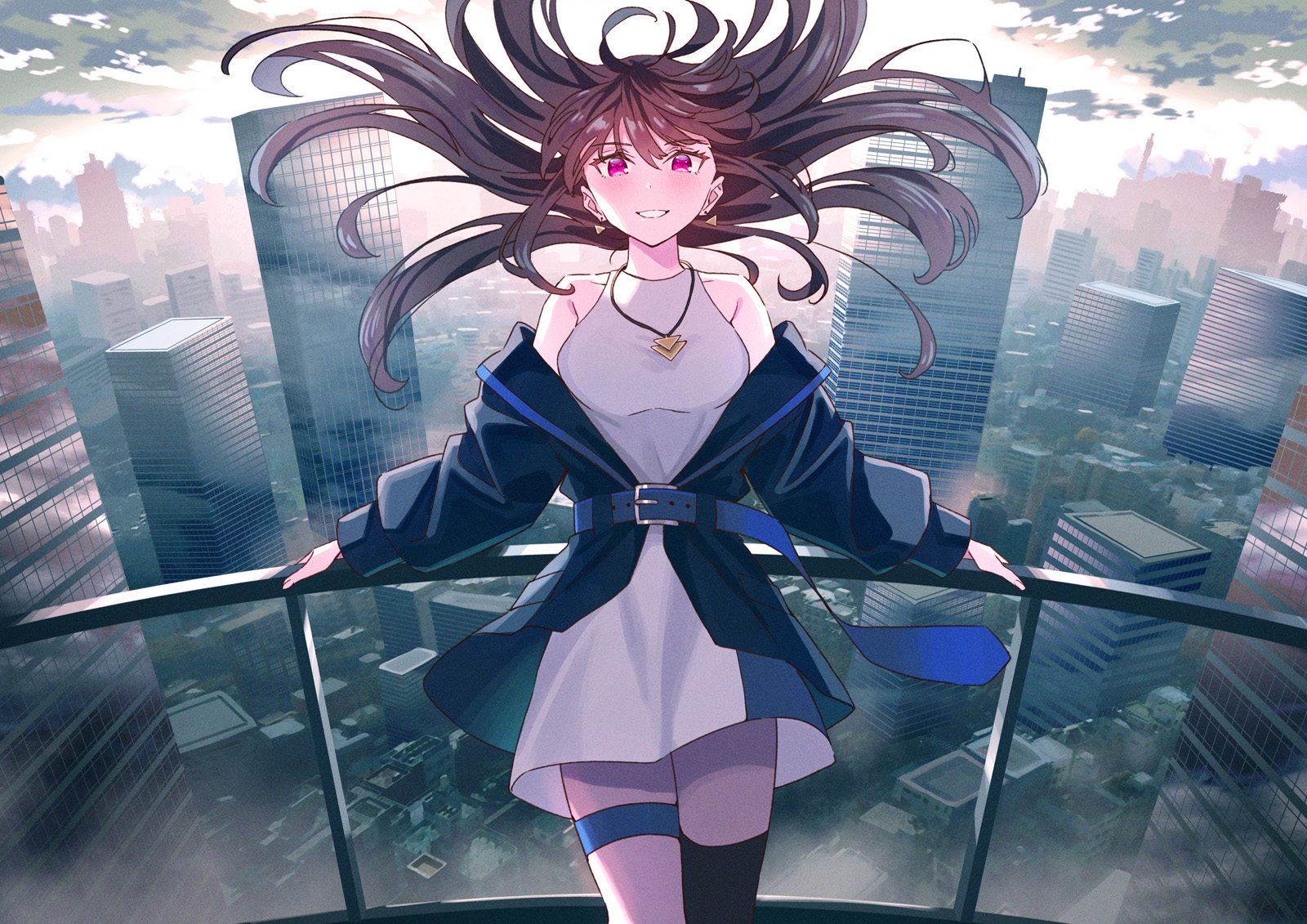 Anime Anime Girls Digital Art Artwork Koh Rd Cityscape Dress Brunette Violet Eyes Smiling 1600x1131