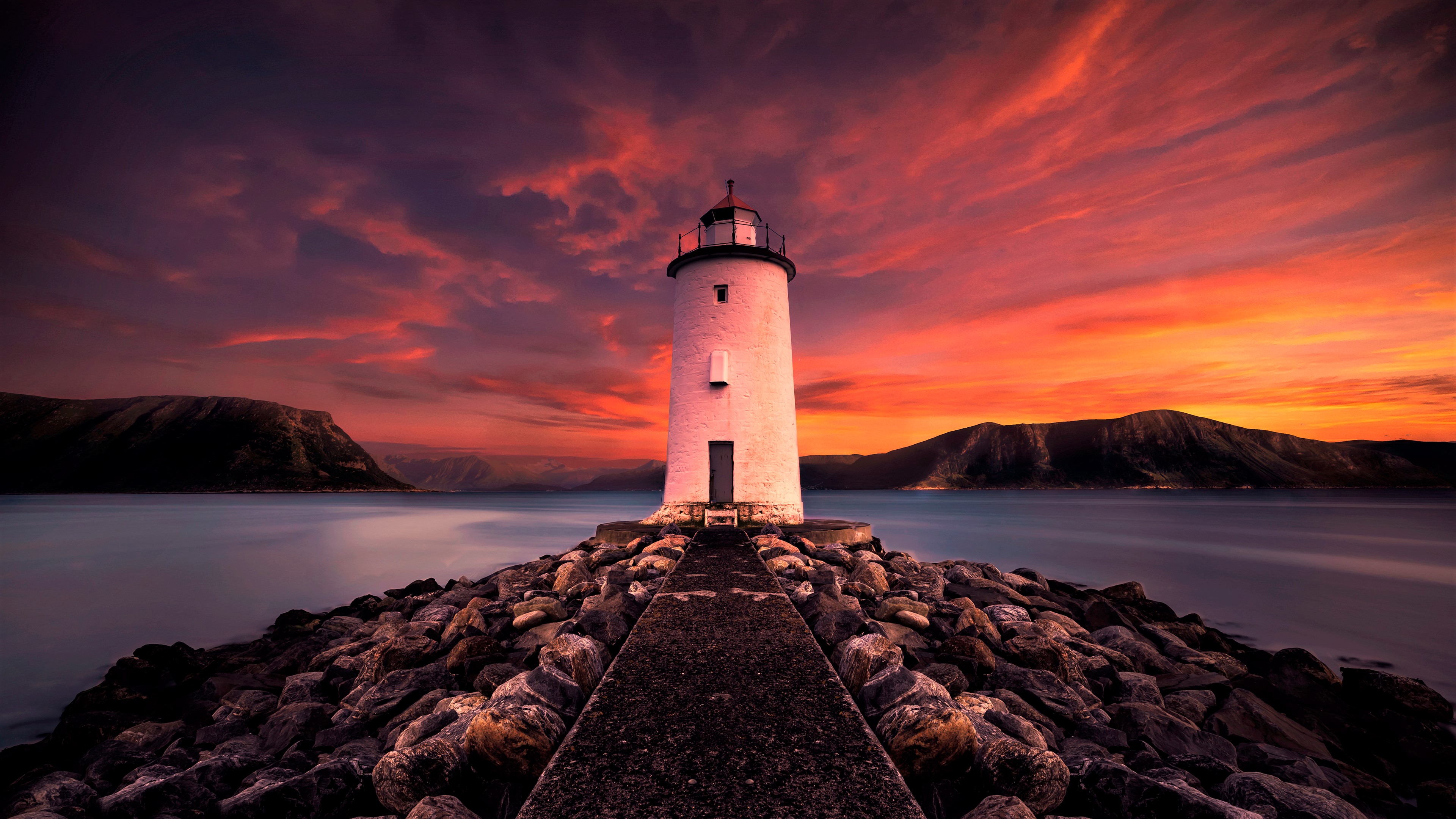 Building Lighthouse Mountain Rock Sea Sunset 3840x2160