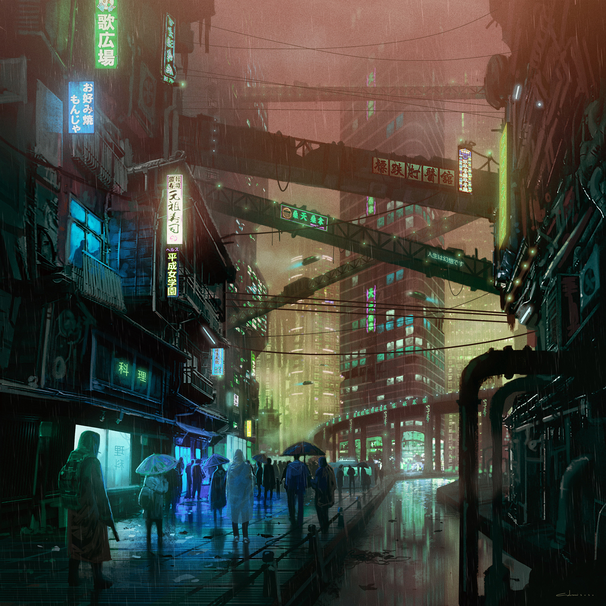 Armin Rangani City Building People Wet Street Cyberpunk Umbrella Digital Painting Artwork City Light 2000x2000