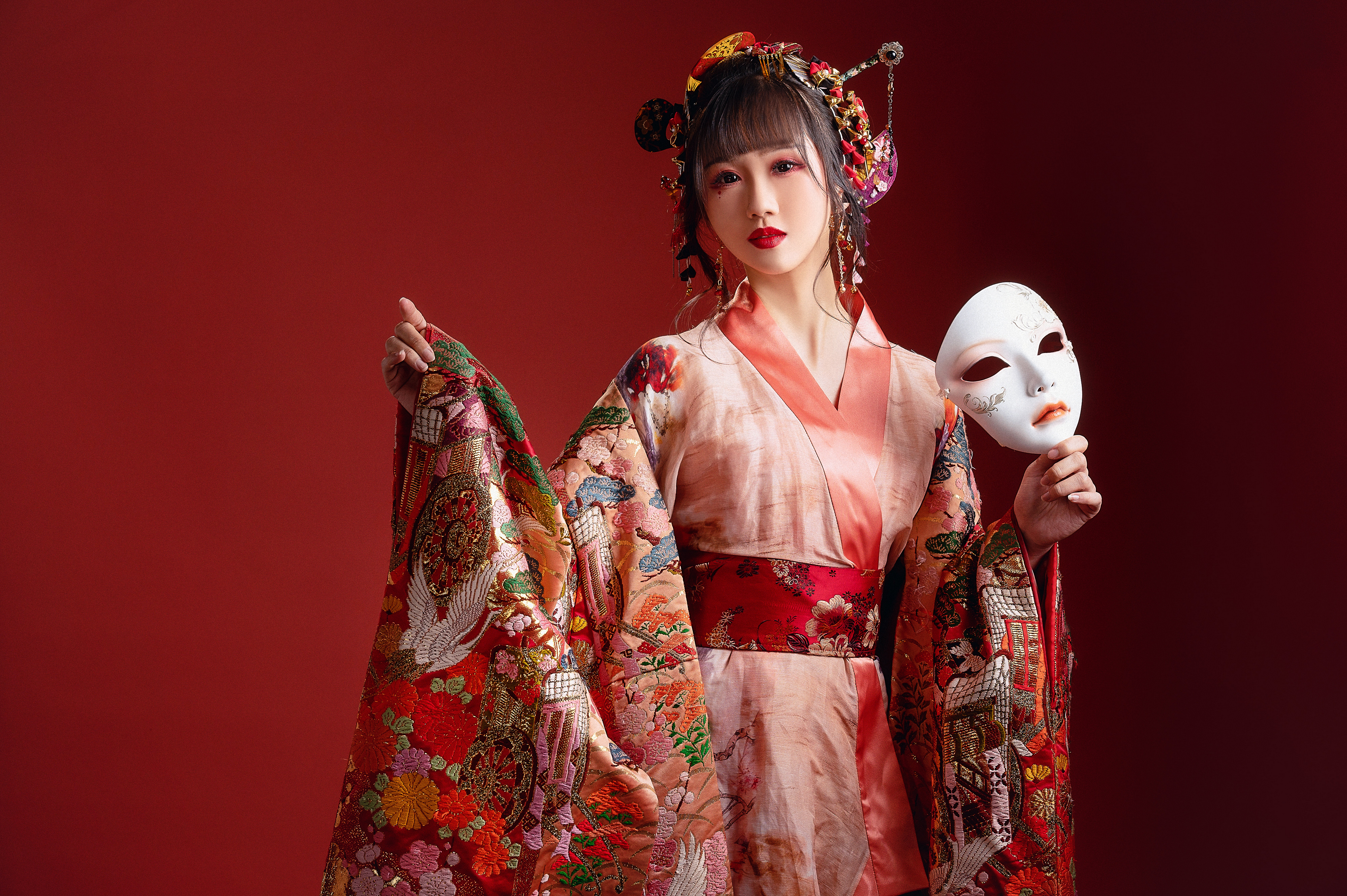 Asian Brunette Girl Kimono Lipstick Mask Model Woman 3840x2555