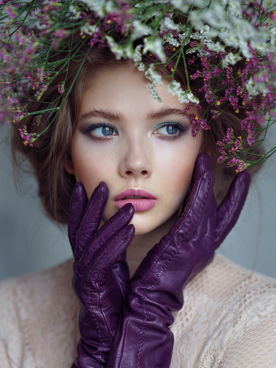 Alexey Kazantsev Women Flowers Brunette Blue Eyes Makeup Pink Lipstick Gloves Purple Portrait Simple 960x1280