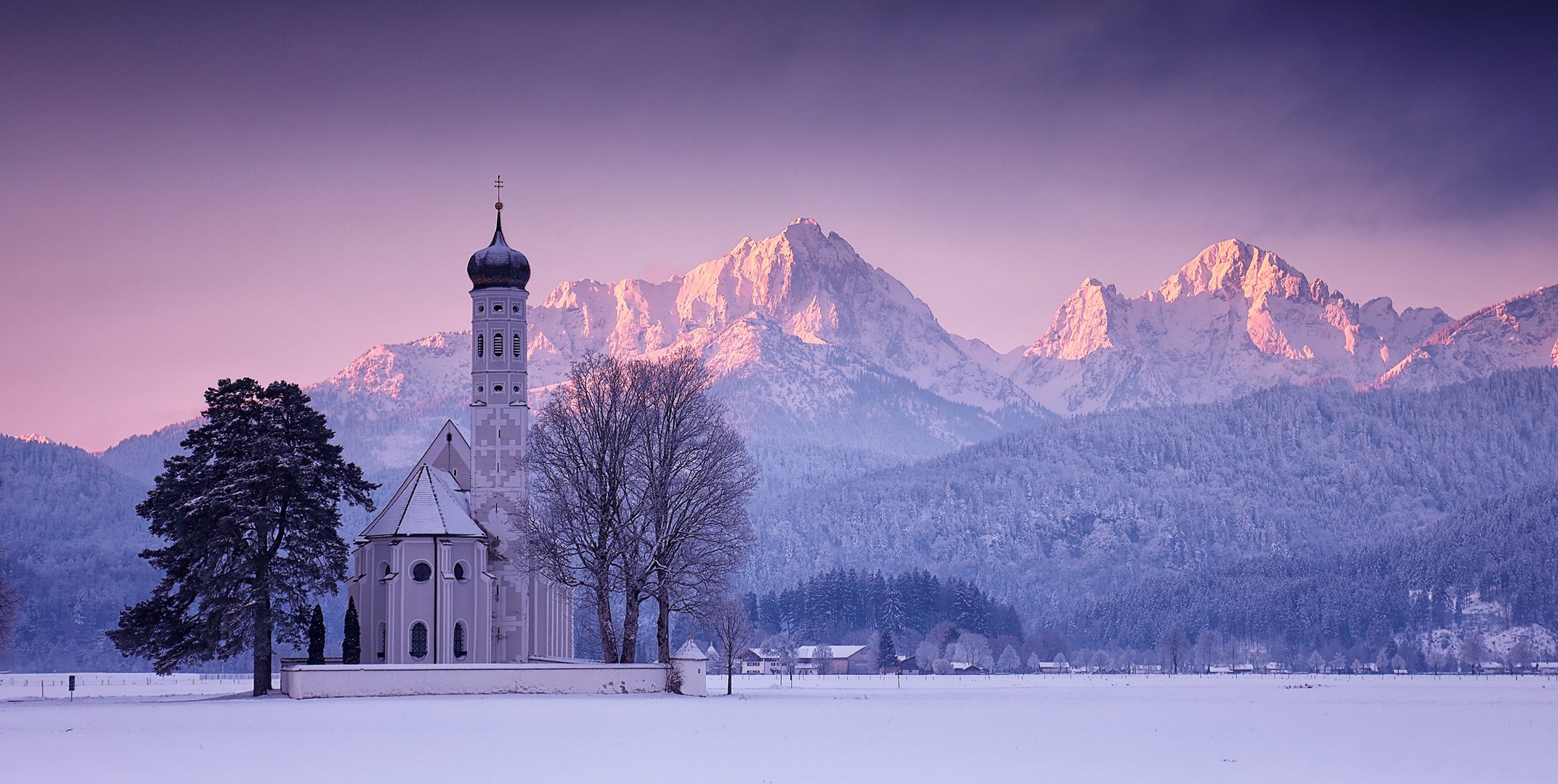 Germany Bavaria Winter Snow Trees Sunset Mountains Church Alps Sky Nature Landscape 2145x1080