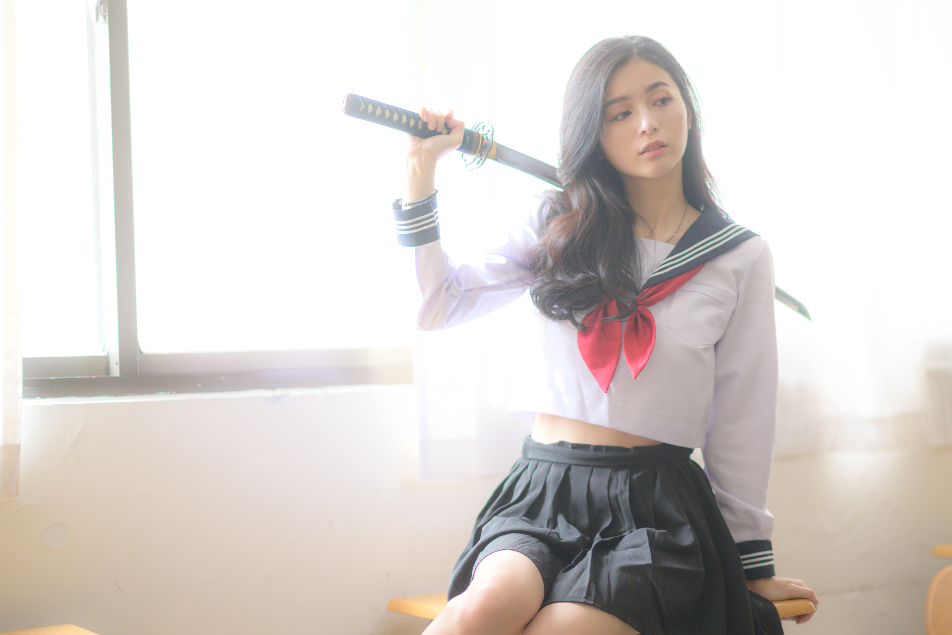 Asian Model Women Long Hair Brunette School Uniform Sailor Outfit Katana Sitting 3280x2187