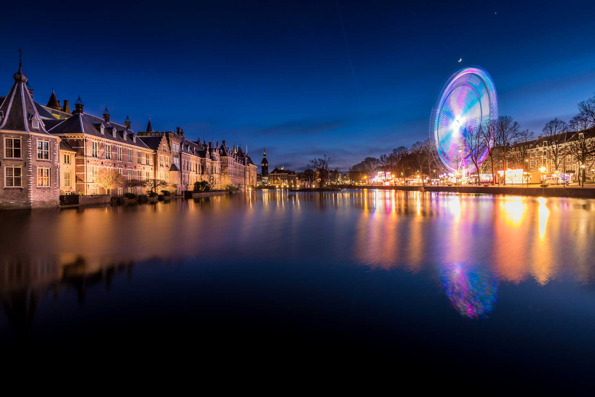 City Ferris Wheel Light Netherlands Night Reflection River The Hague 2048x1365