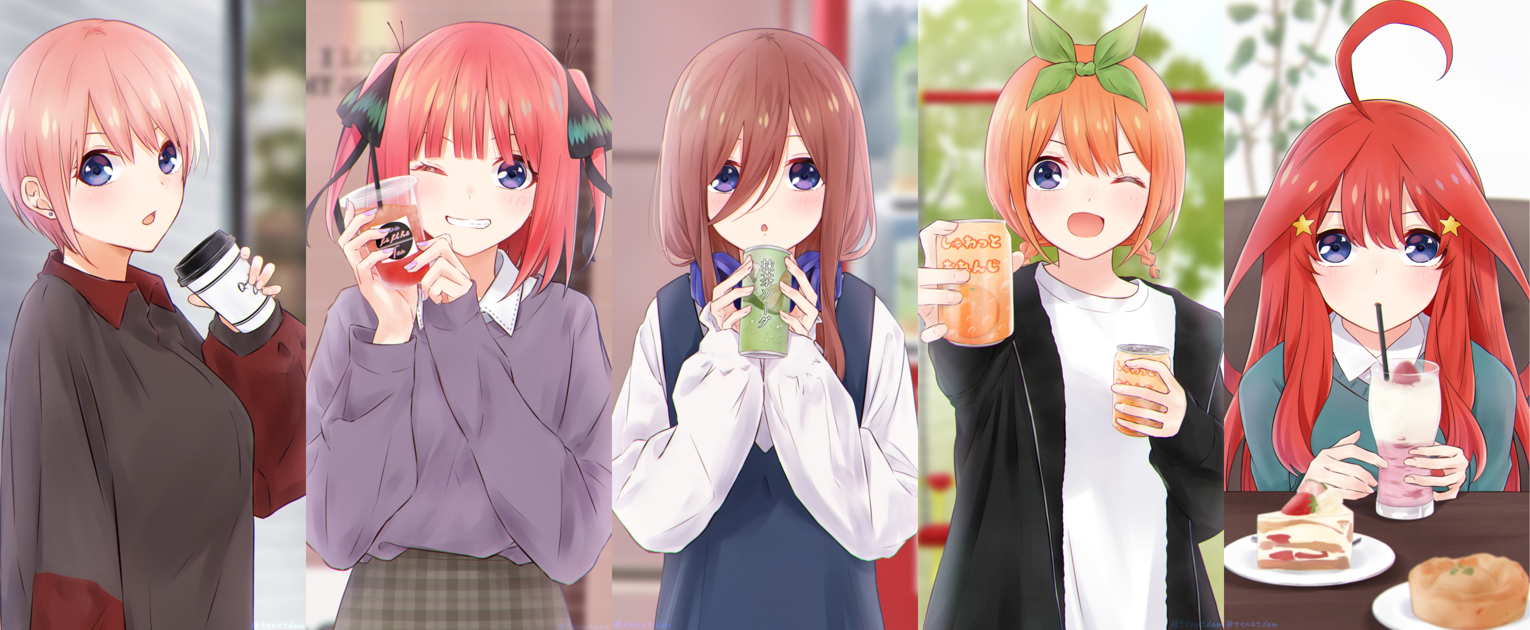 5 Toubun No Hanayome JK Ahoge Hair Ribbon Sisters Drinking Smiling Coffee Cup Headphones Casual Sitt 5205x2146