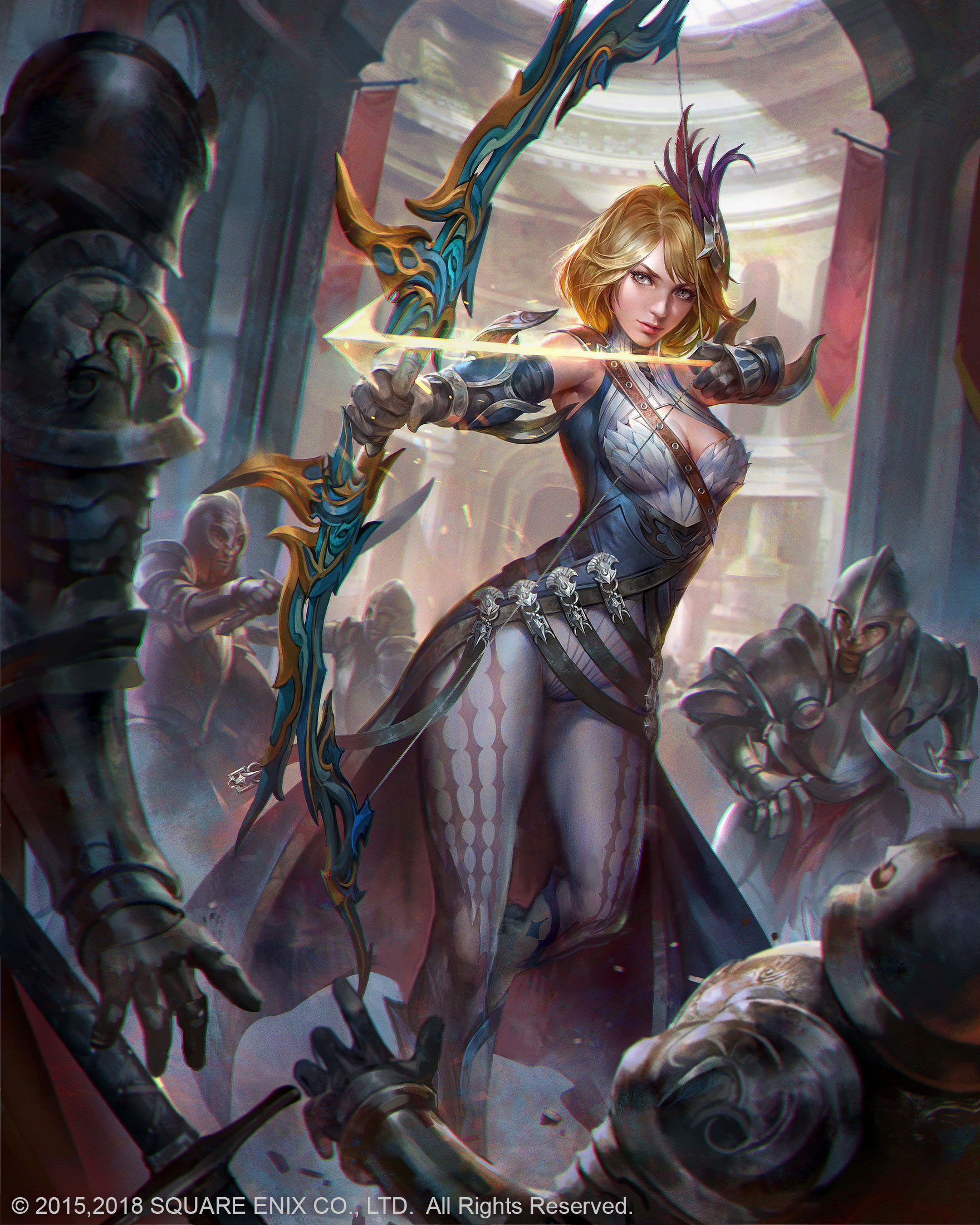 Jeremy Chong Drawing Fantasy Art Women Blonde Short Hair Feathers Bow Arrows Magic Fighting Archer 1760x2200