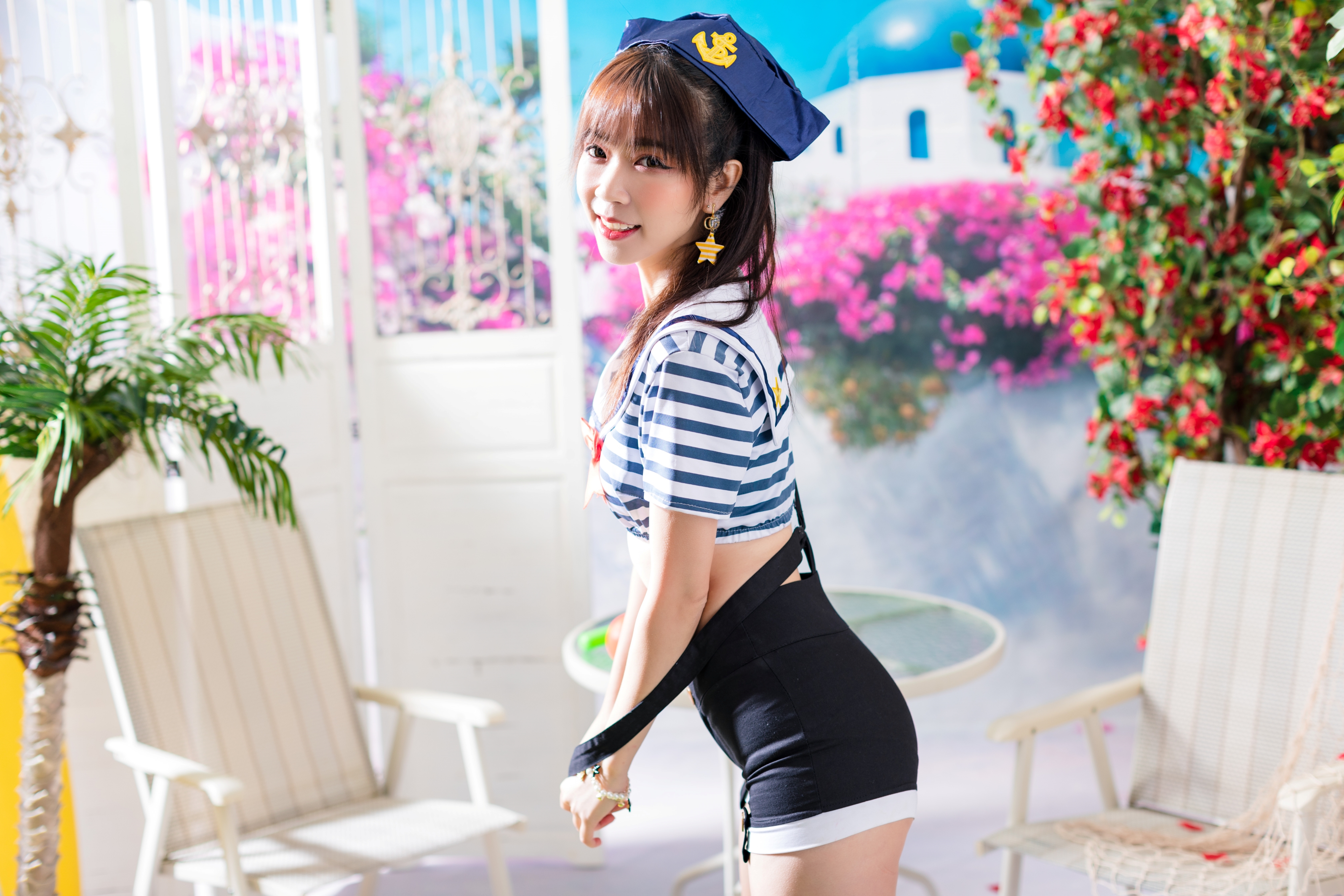 Serene Liu Women Model Brunette Bangs Asian Cosplay Sailor Striped Tops Short Pants Suspenders Studi 3840x2560