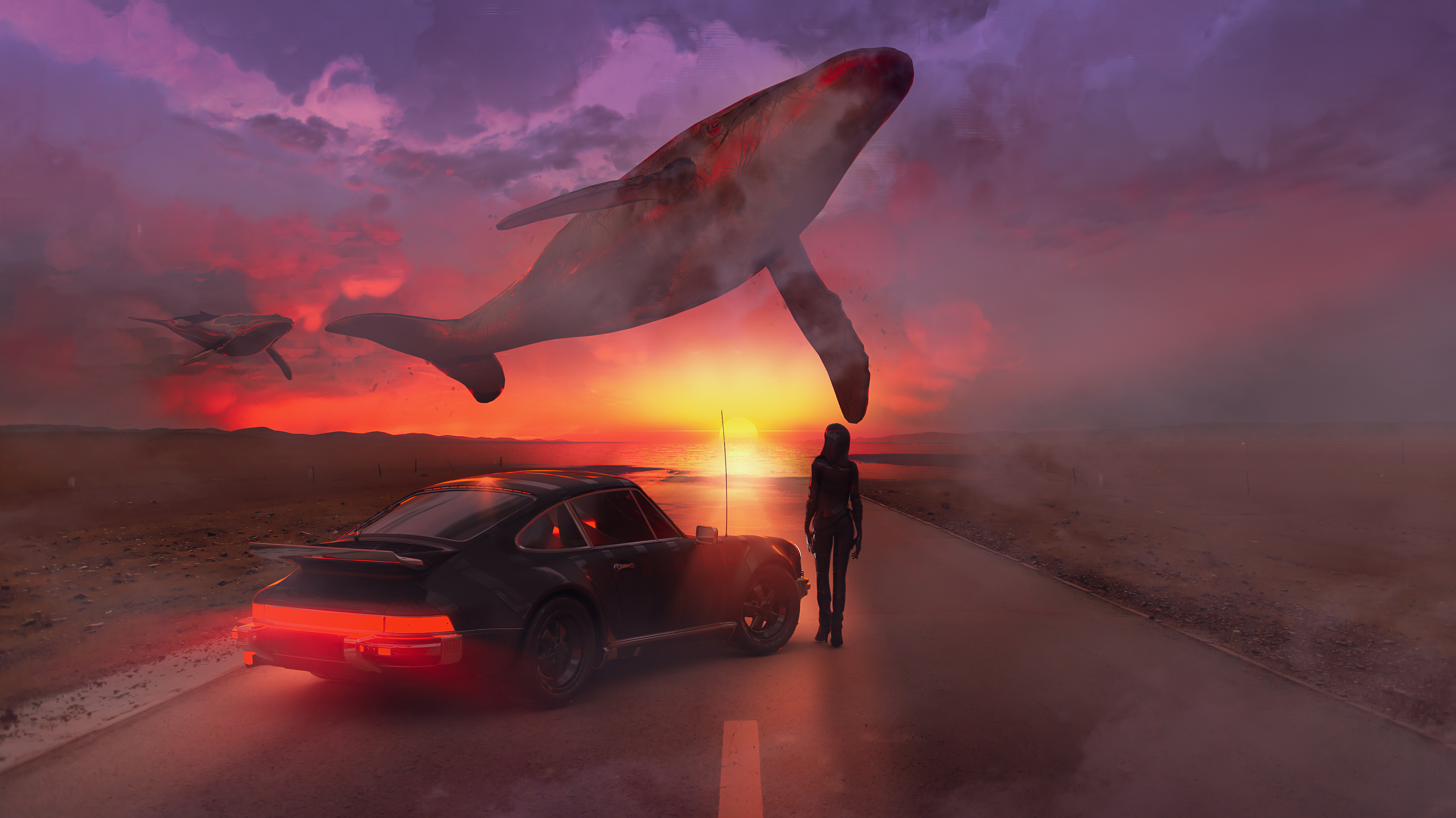 Digital Art Landscape Car Women Sunset Whale Clouds Shark90art Flying Whales 3840x2160