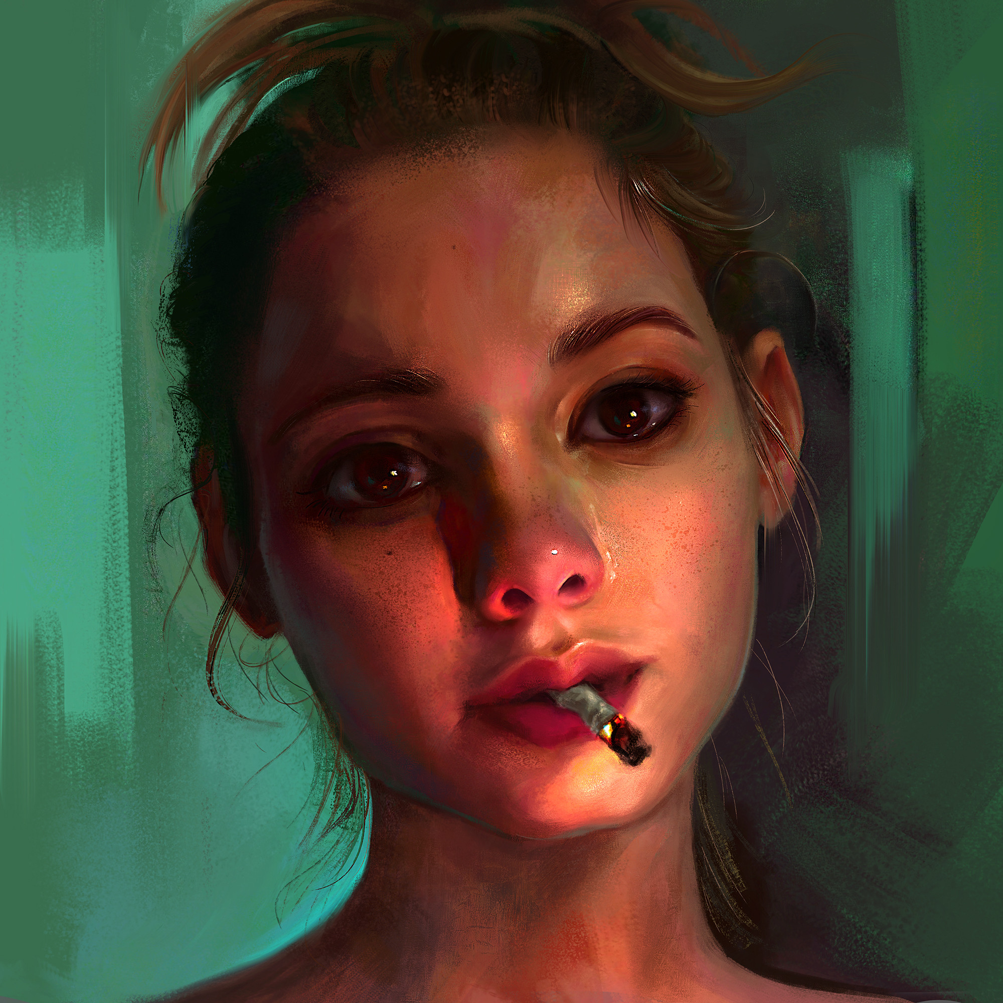 Mandy Jurgens Young Woman Portrait Face Cigarettes Women Smoking Brunette Digital Art Brown Eyes Art 2000x2000
