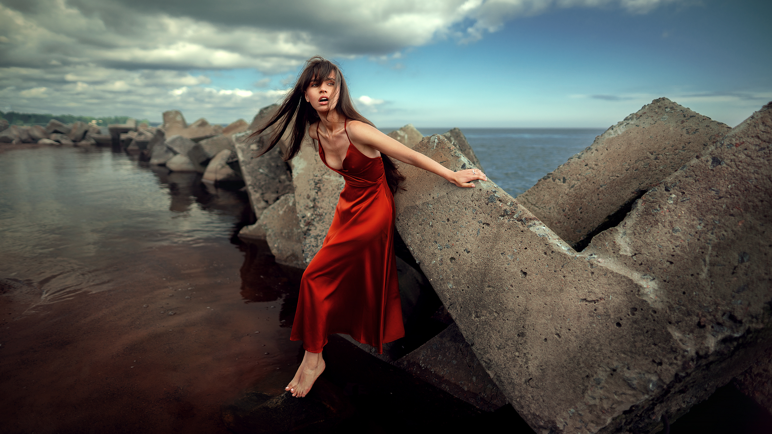 Red Dress Women Women Outdoors Water Concrete Brunette Barefoot 2560x1440