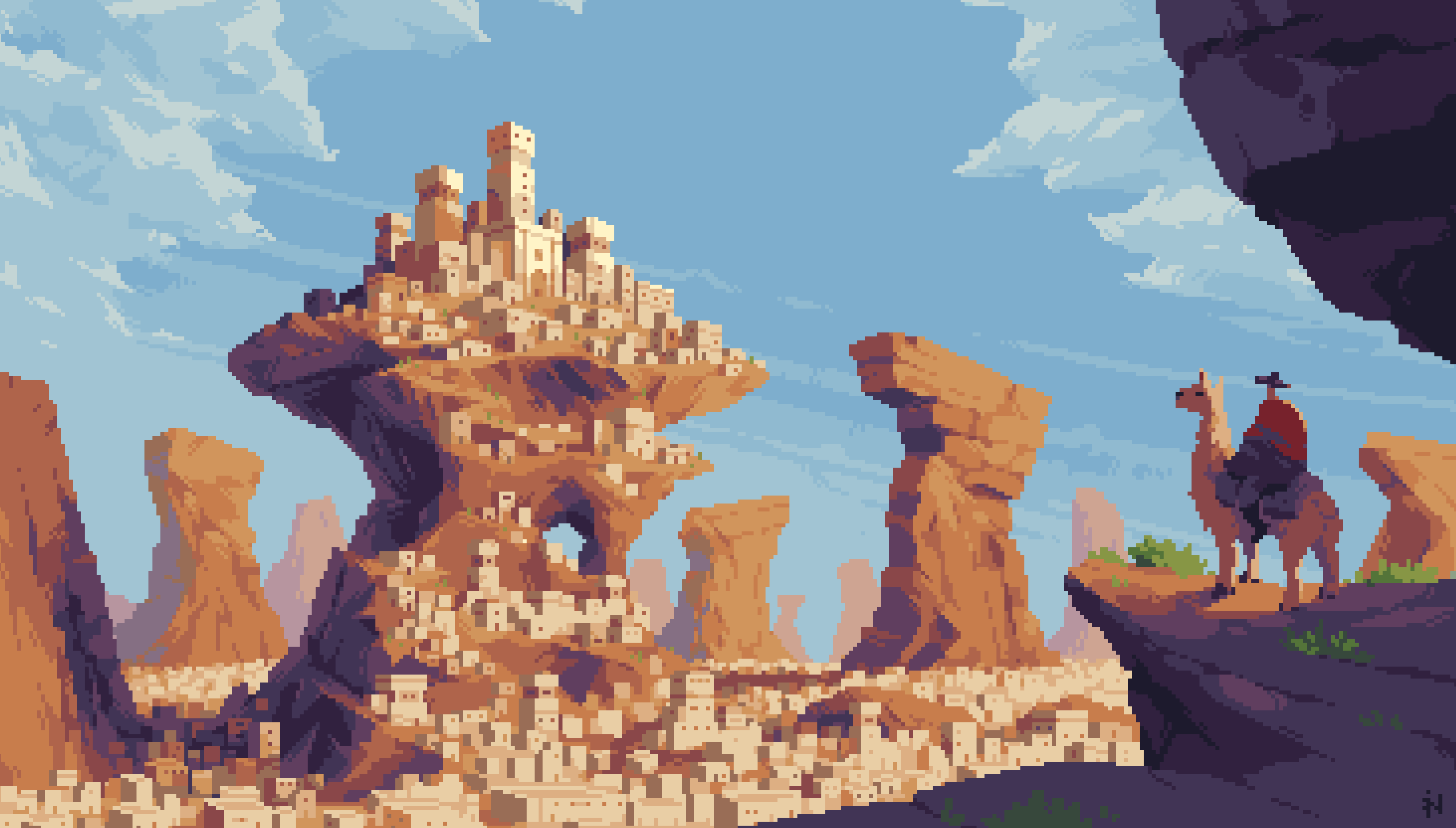Digital Art Pixel Art Pixelated Pixels Llamas Mountains Rock Rock Formation Cowboy Village Tower Hou 2560x1457