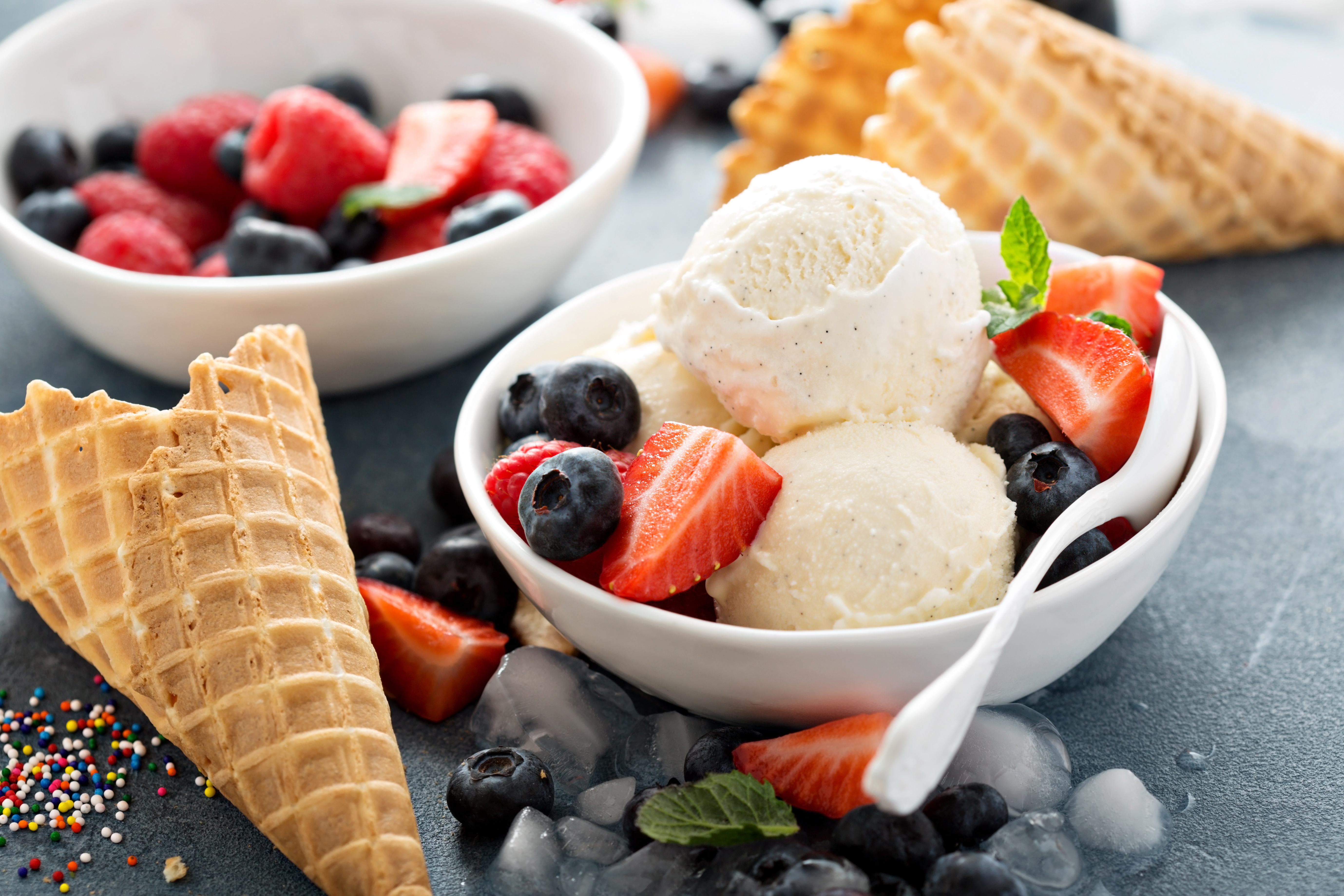 Berry Blueberry Fruit Ice Cream Still Life Strawberry Waffle Cone 5516x3678