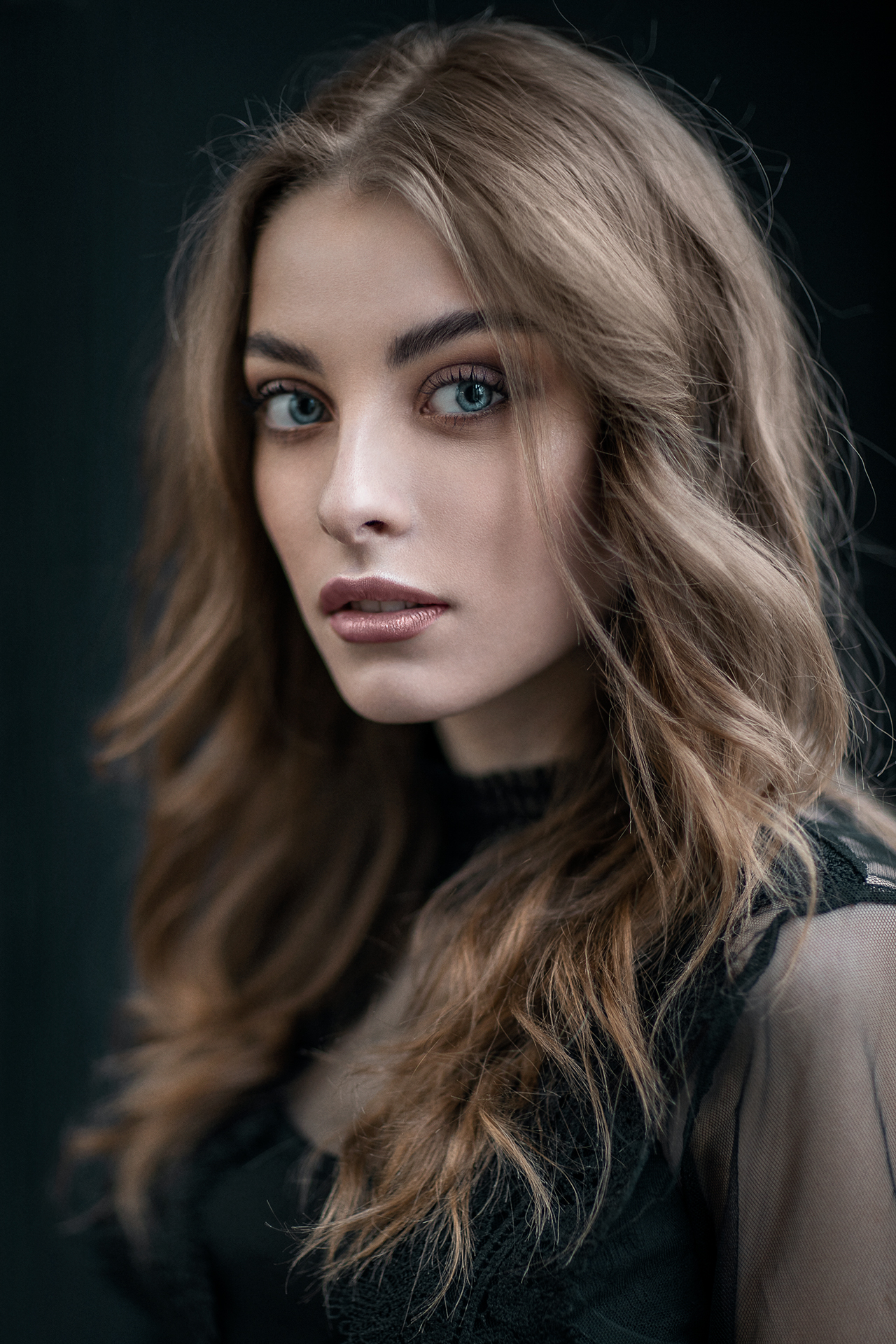 Mikhail Mikhailov Women Brunette Long Hair Blue Eyes Makeup Lipstick Looking At Viewer Black Clothin 1280x1920