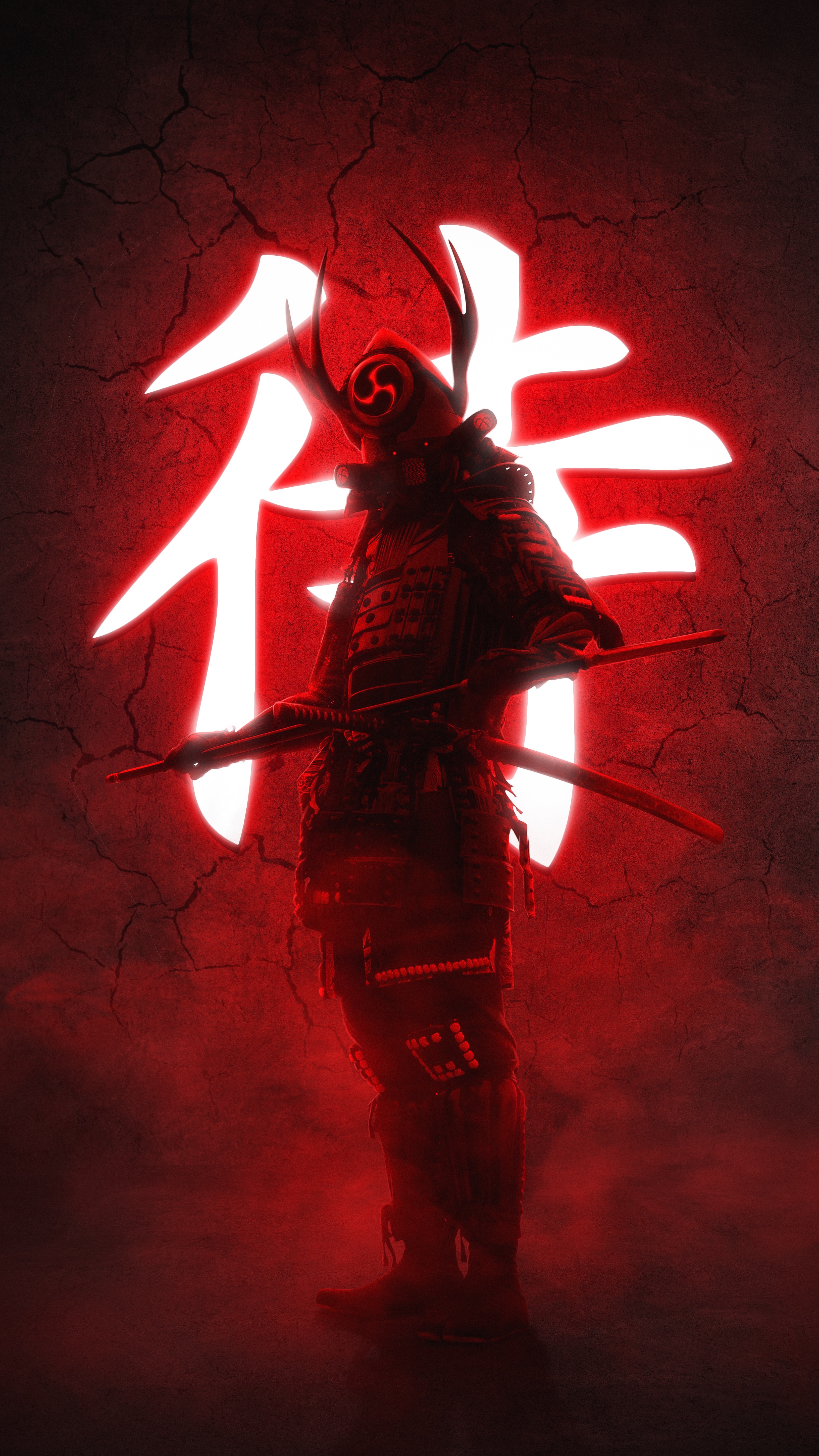 Portrait Display Vertical Artwork Digital Art Warrior Red Background Samurai Armor Katana Sword 3260x5796