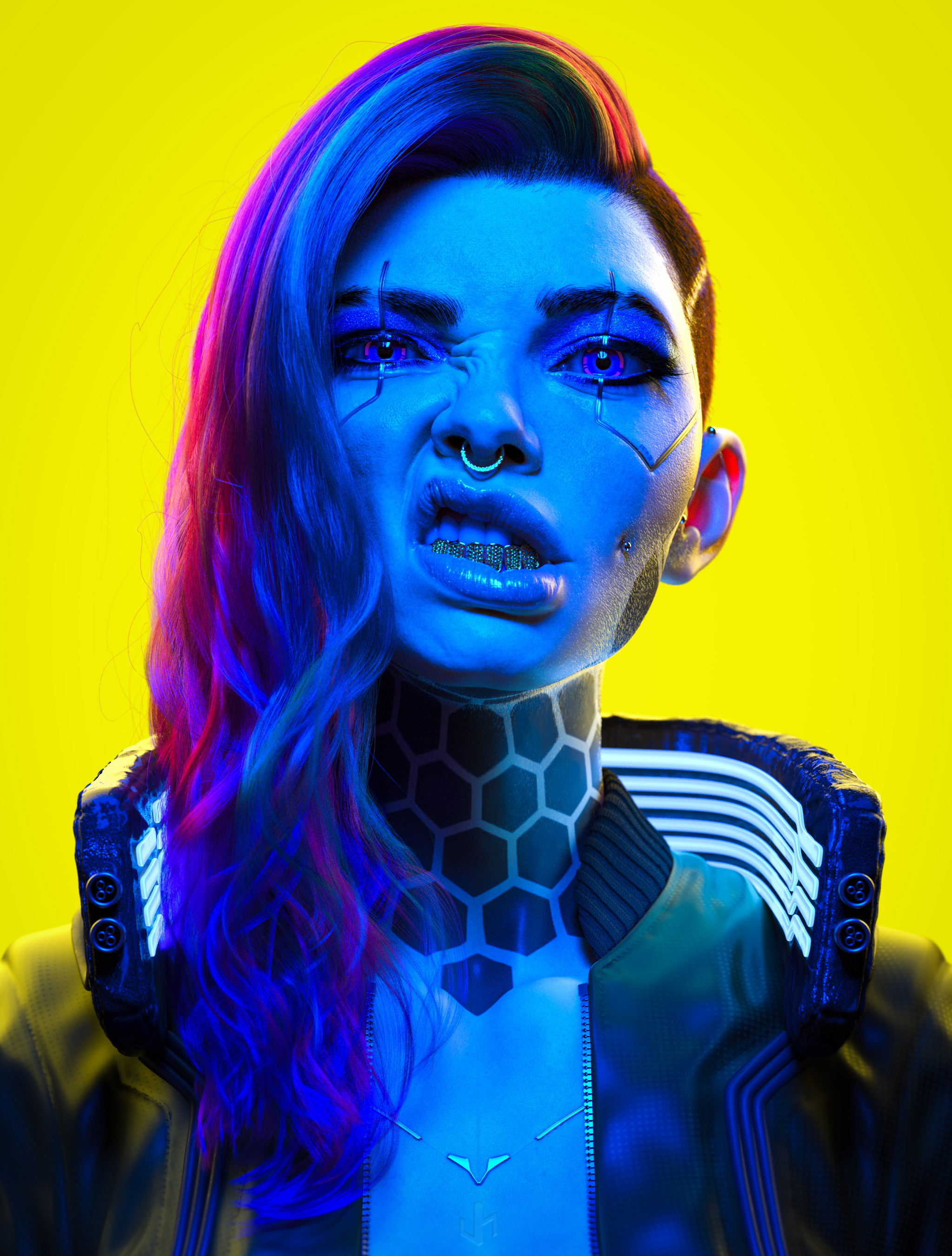 J Hill Artist Cyberpunk Yellow Background Face Undercut Hairstyle Hair Looking At Viewer Women CGi 3 2048x2700