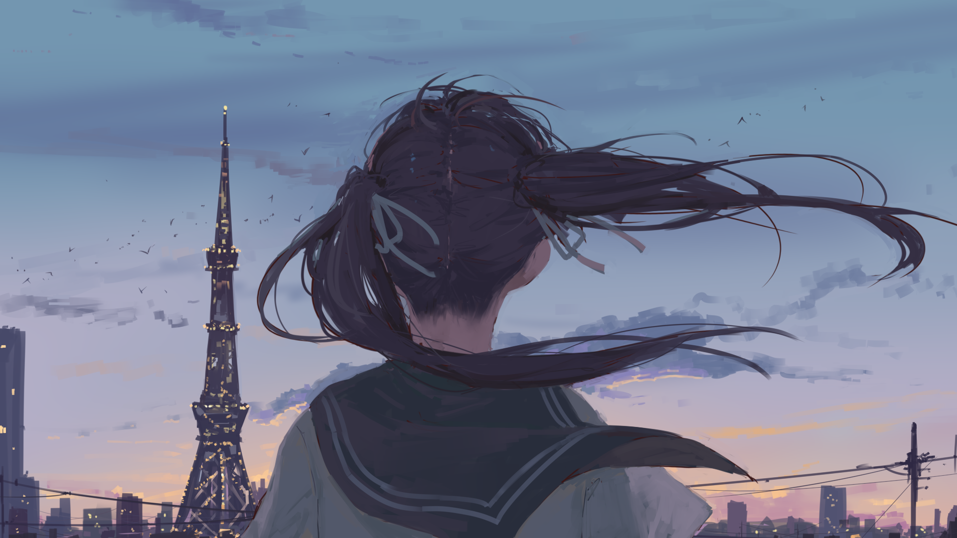Anime Girls Schoolgirl Sky Cityscape Arttssam 1920x1080