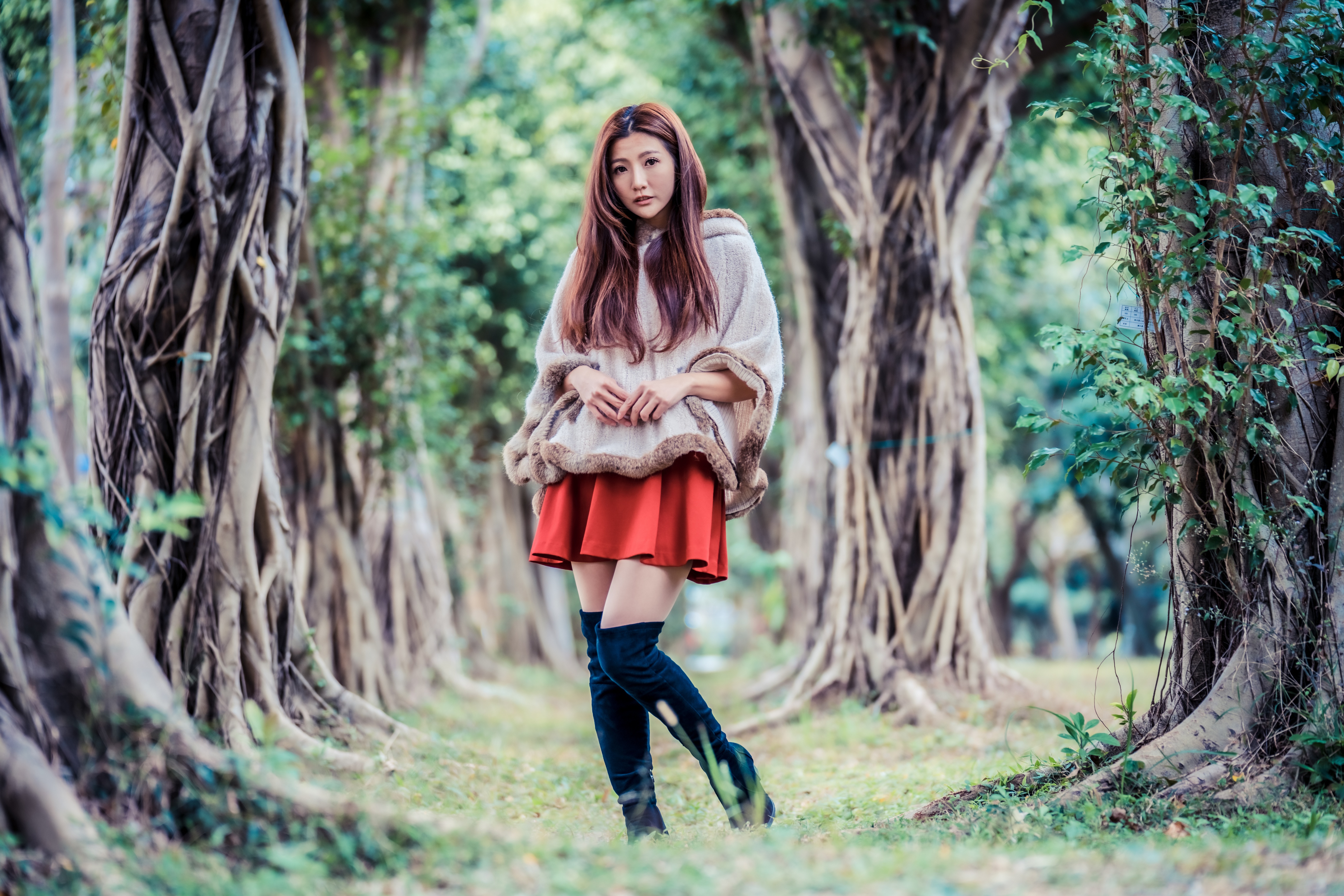 Asian Women Model Long Hair Brunette Trees Grass Knee High Boots Fur Coats Red Skirt 4562x3043