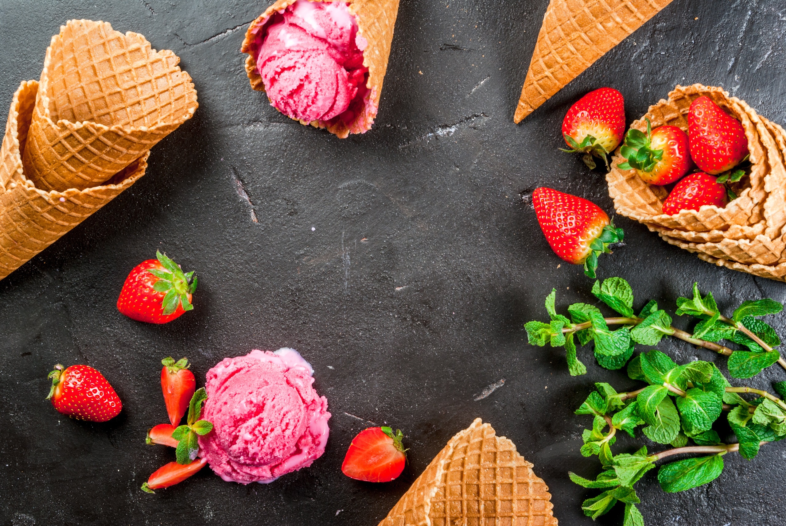 Food Fruit Waffles Ice Cream Sweets Berries Strawberries 2560x1714