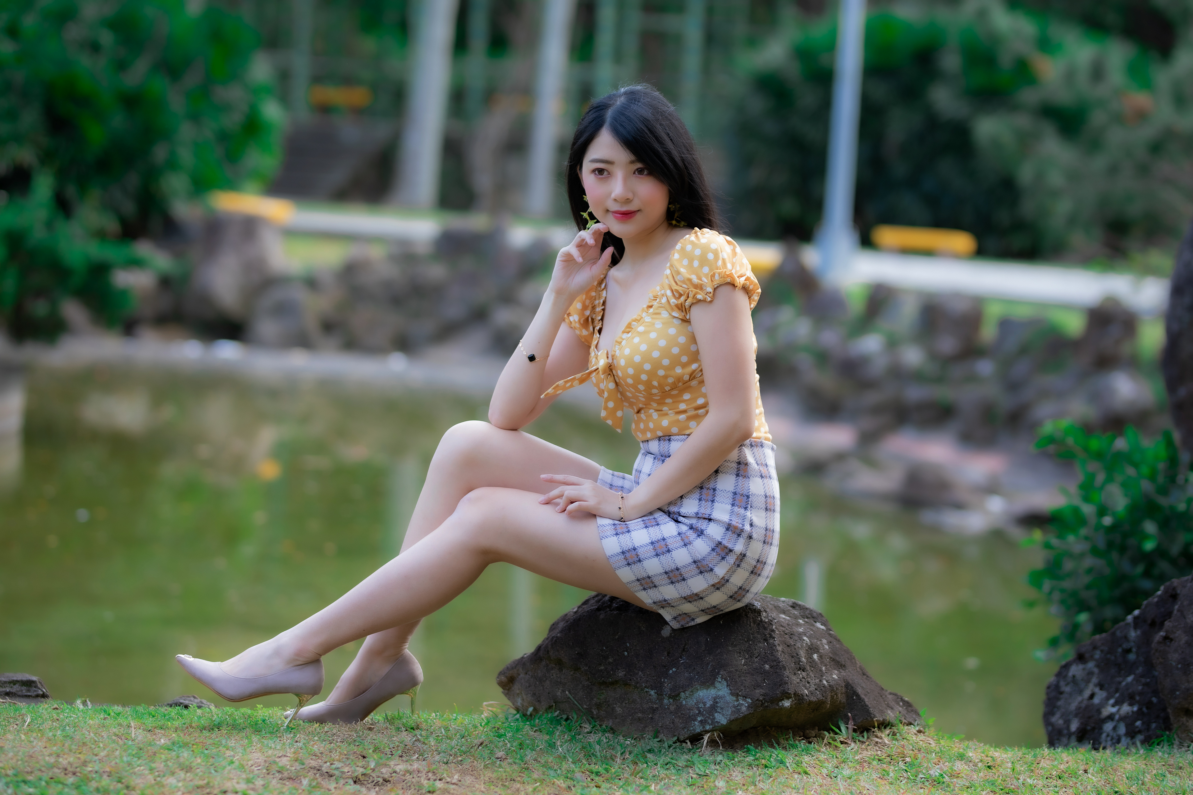 Asian Model Women Long Hair Depth Of Field Sitting Short Skirt Blouse Rock Trees Bushes Heels Bracel 3840x2560