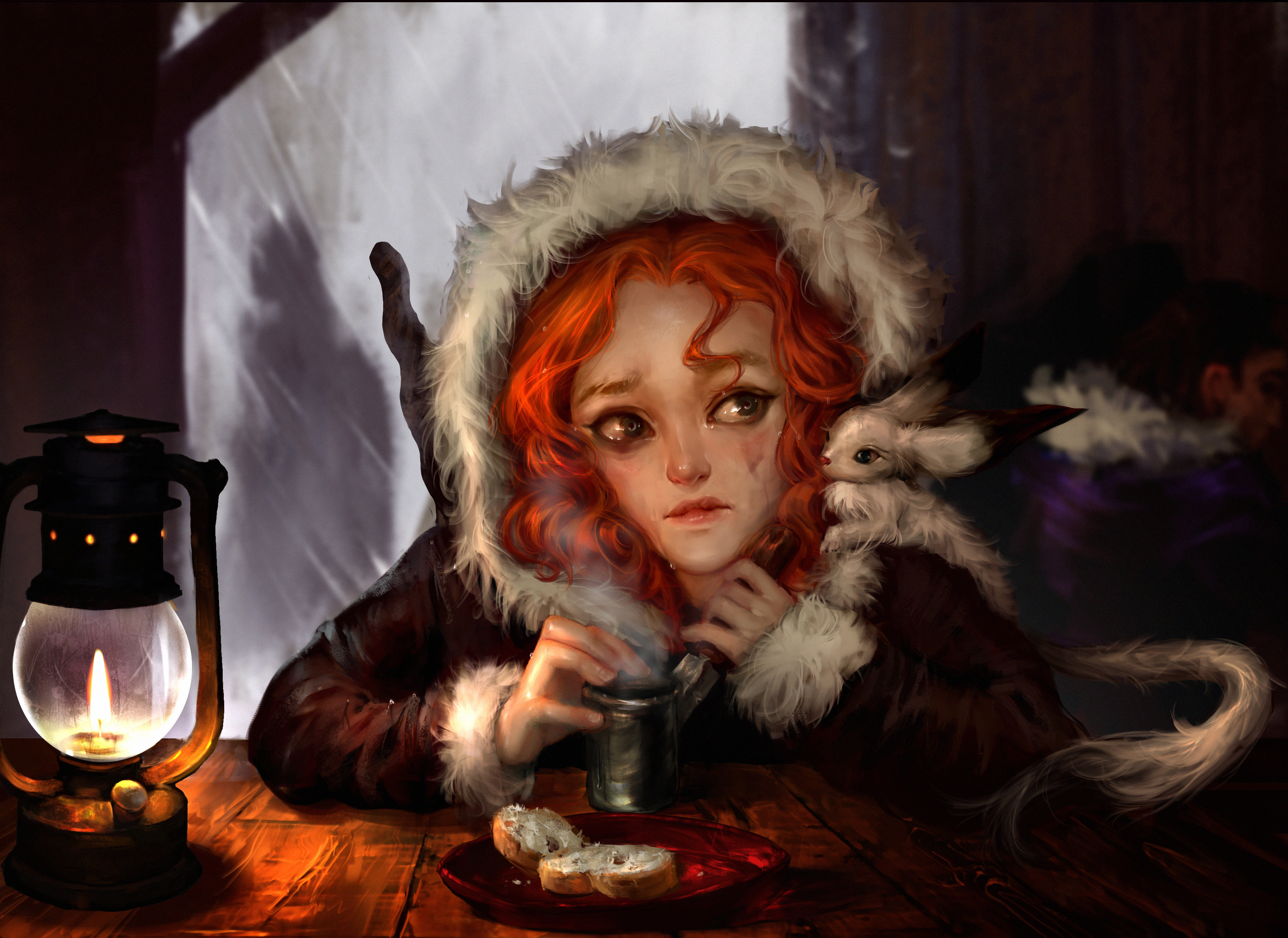Tavern Redhead Winter Crying Cup Looking At The Side Food Digital Art Digital Painting Artwork 3516x2561
