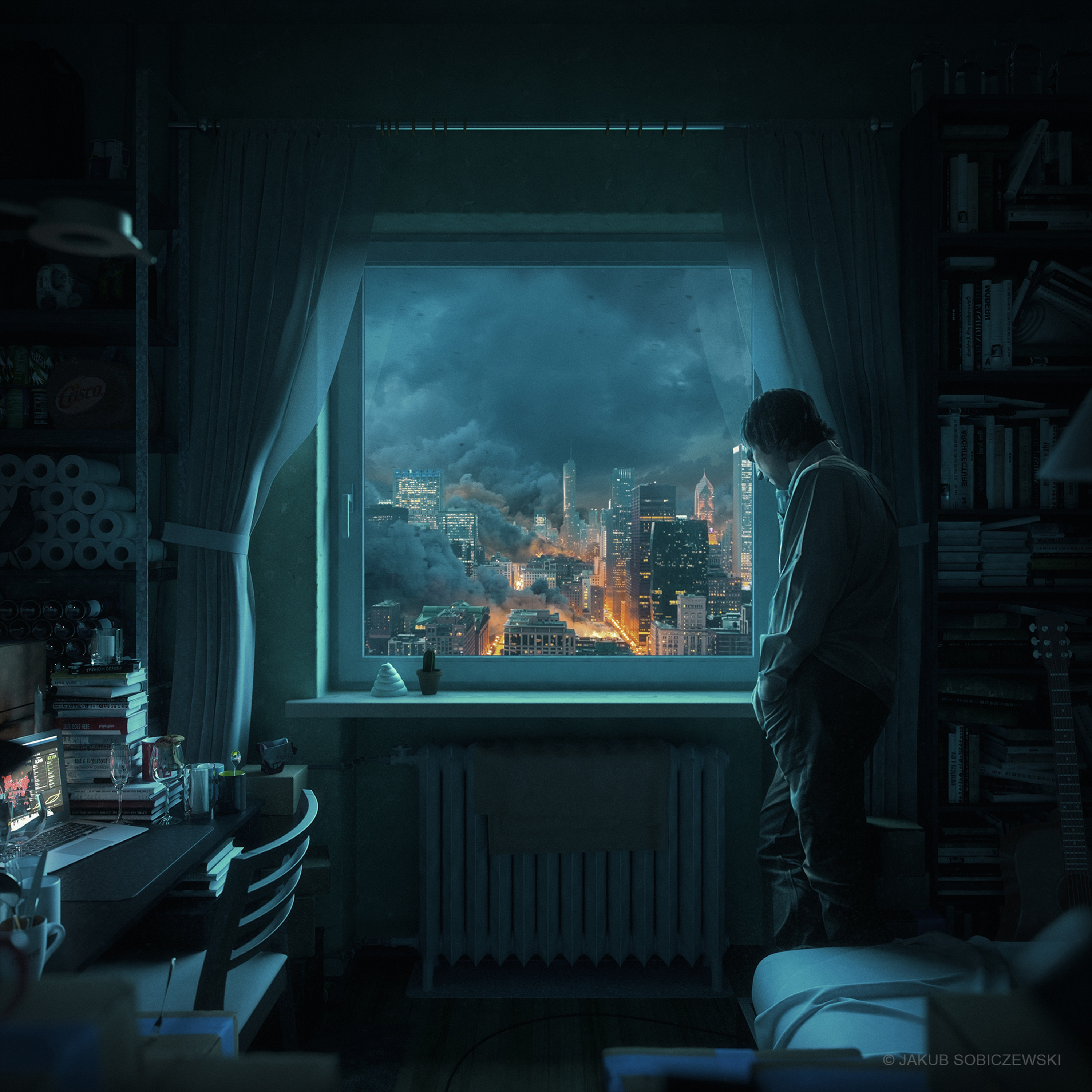 Jakub Sobiczewski Alone Standing By The Window Men City City Lights Digital Art Digital Painting Men 3000x3000