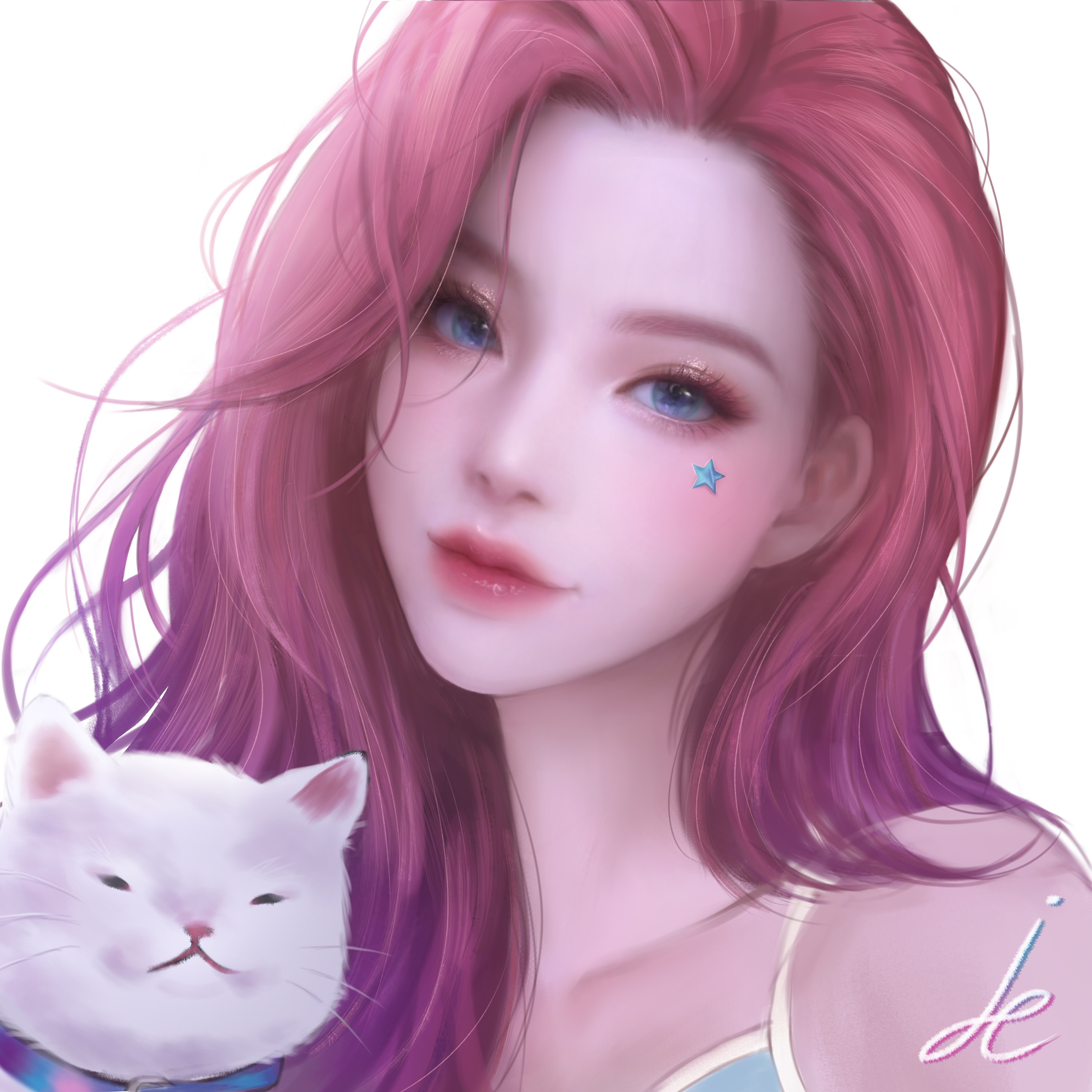 Seraphine League Of Legends Simple Background White Background Redhead Blue Eyes Cats 3000x3000
