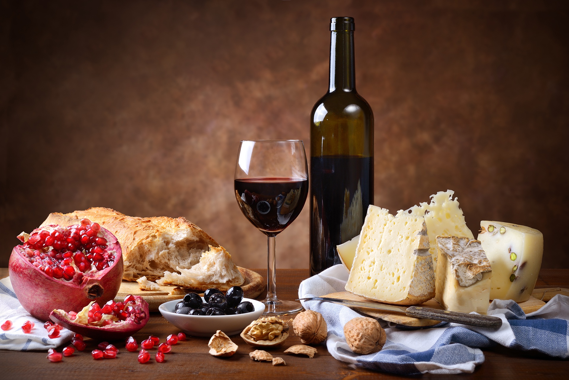 Bottle Bread Cheese Glass Nut Olive Still Life Wine 1920x1282
