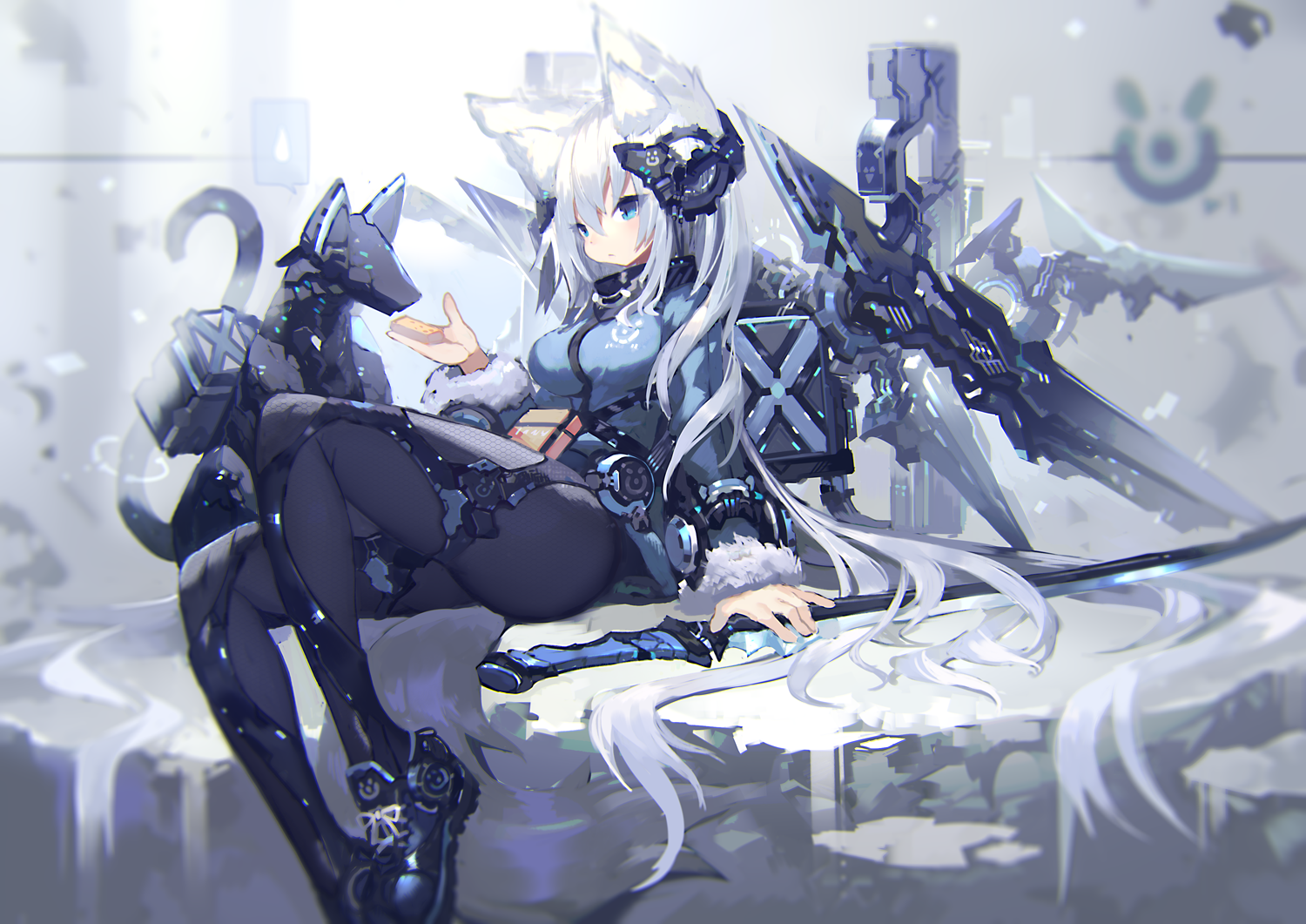 Artwork Mamuru Mecha Girls Science Fiction Science Fiction Women Legs Blue Eyes White Hair Anime Pix 1500x1061