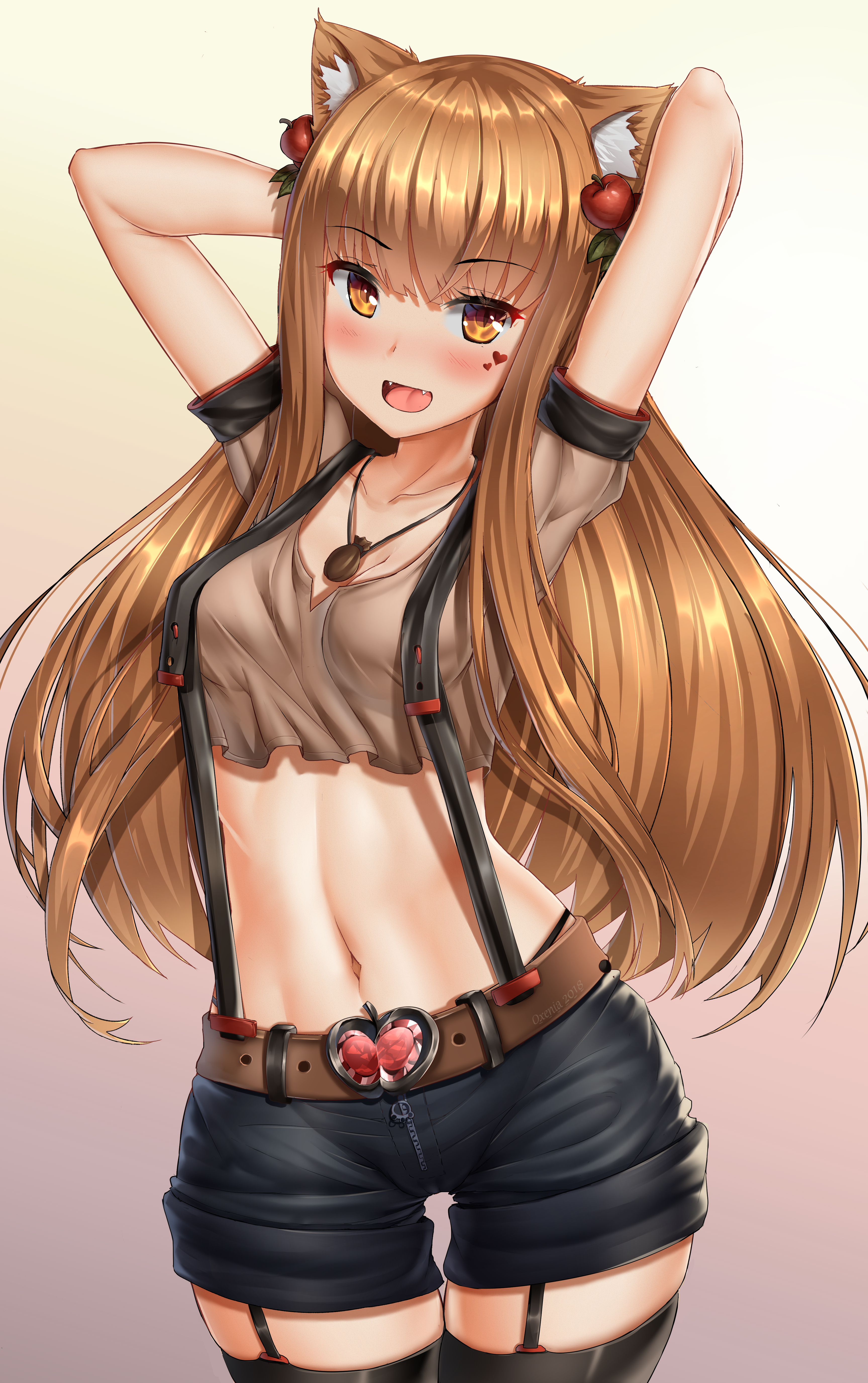 Anime Girls Spice And Wolf Holo Spice And Wolf Oxenia Smiling Short Pants Arms Up Brunette Brown Eye 3455x5500