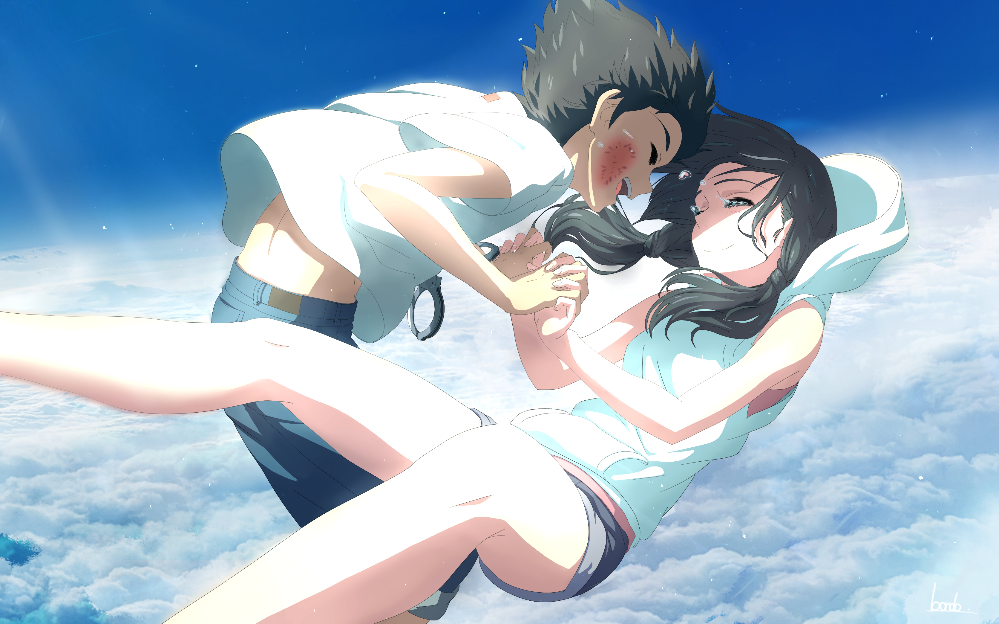 Tenki No Ko Hodaka Morishima Hina Amano Anime Falling Clouds Fan Art Tears Holding Hands Legs Dark H 3344x2087