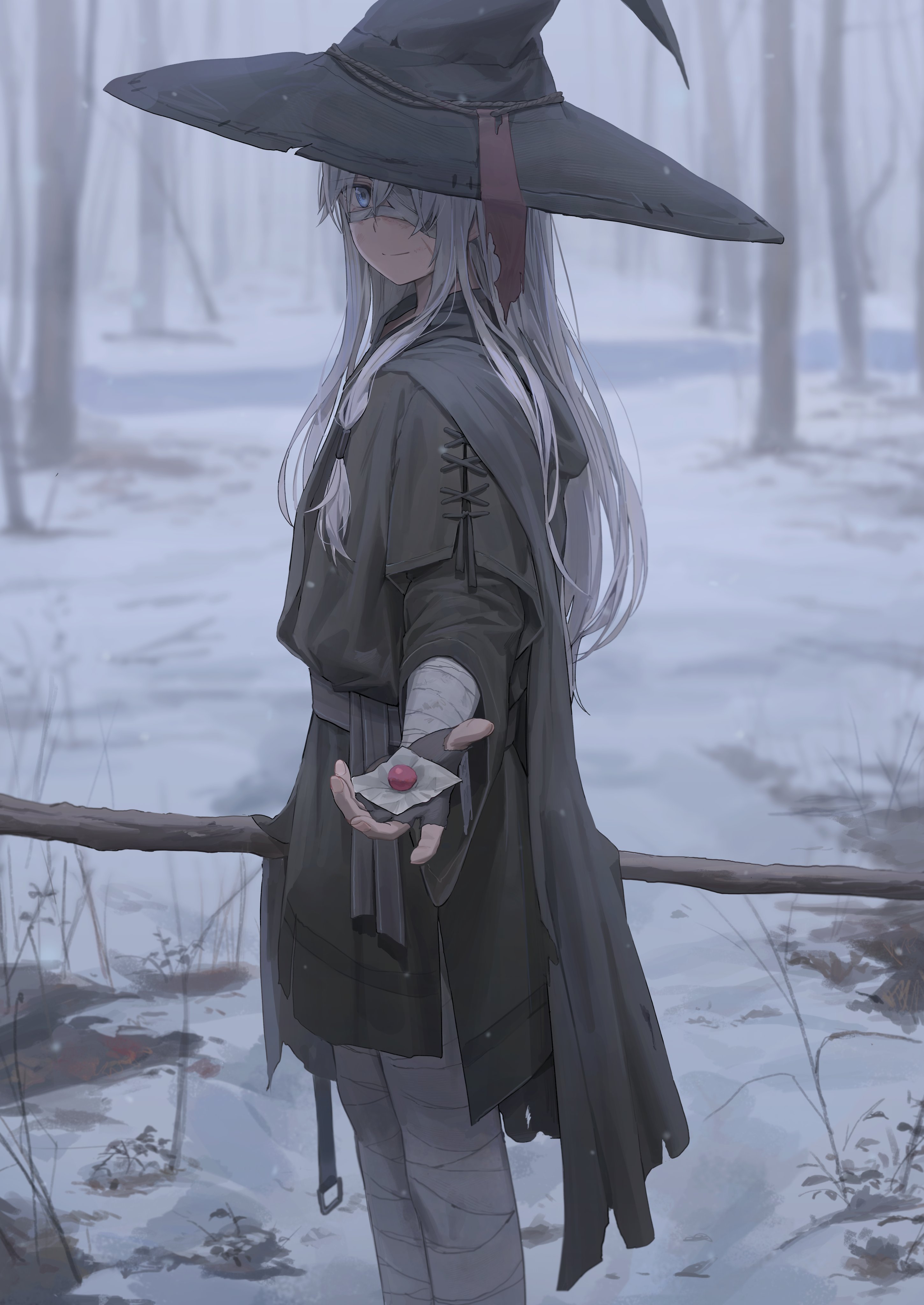 Anime Girls Drawing Yohan1754 Original Characters Witch Witch Hat Silver Hair Blue Eyes Eyepatches S 2900x4096