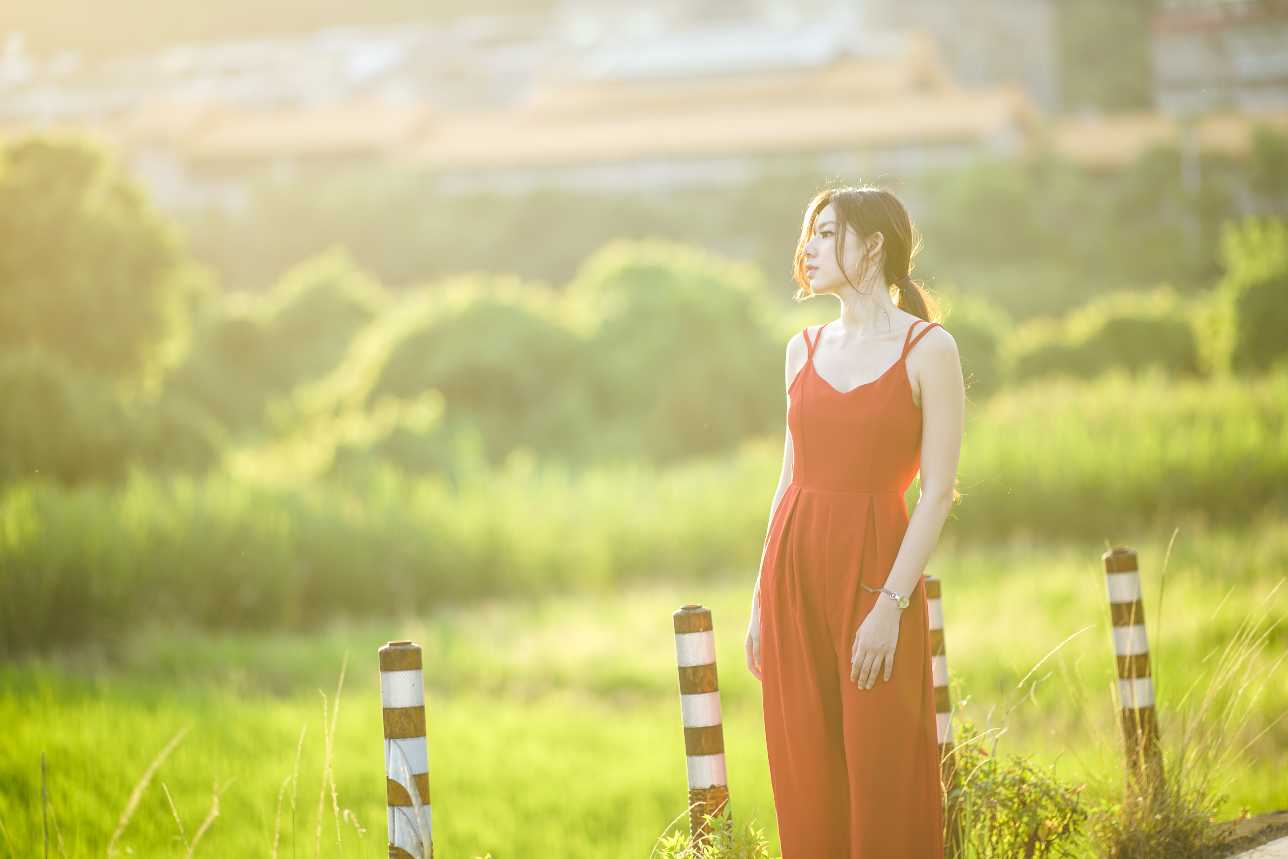Women Asian Model Red Clothing Red Dress Sunlight Grass 2560x1708