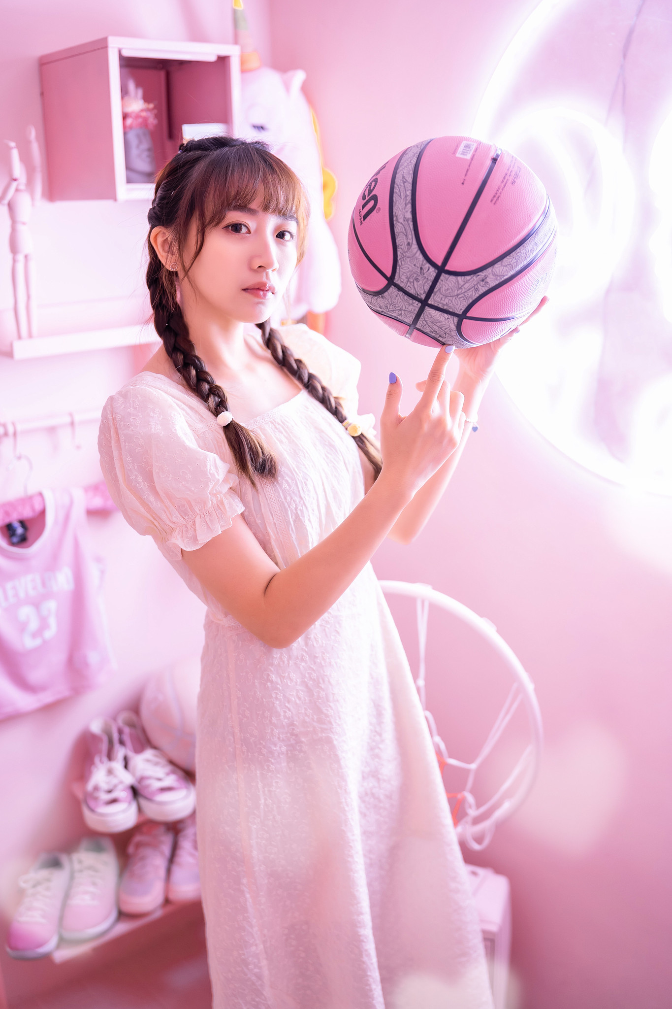Pink Women Asian Women Indoors Model Balls Twintails Dark Hair Standing 1365x2048