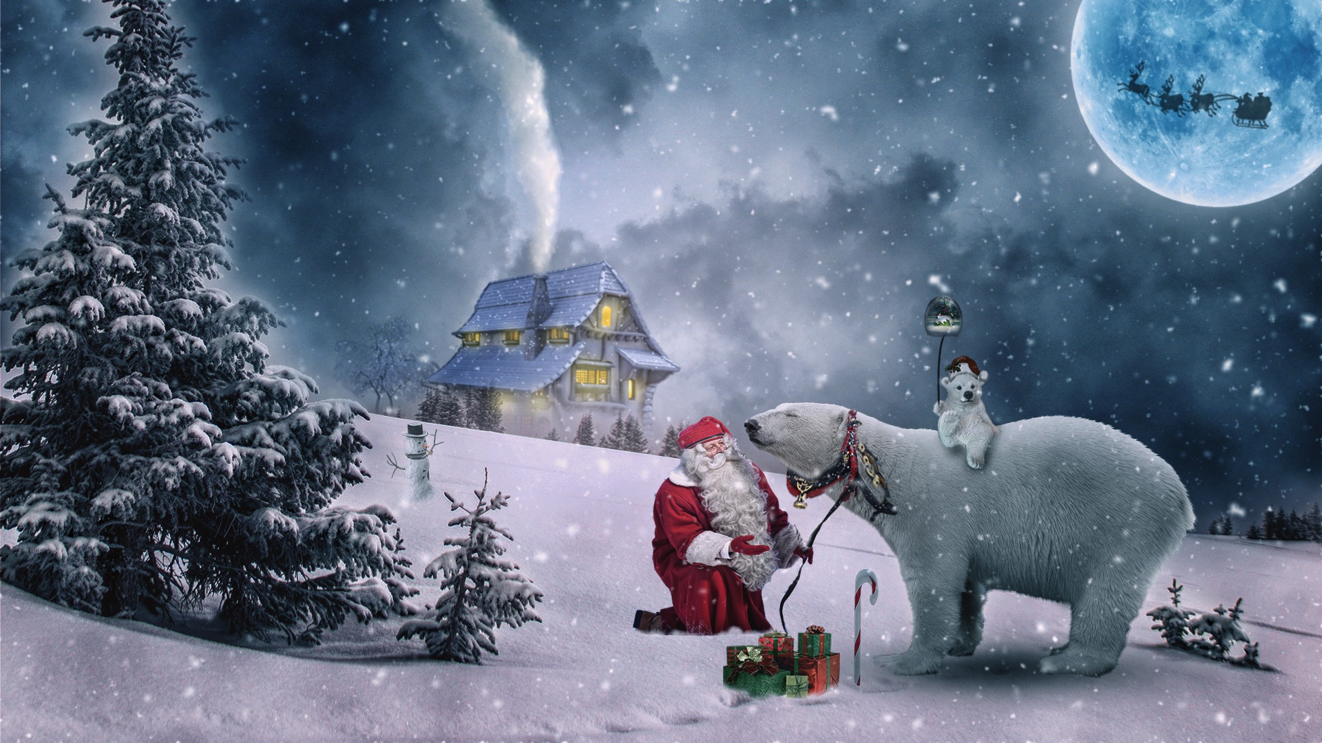 Christmas Gift Polar Bear Santa Winter 1920x1080